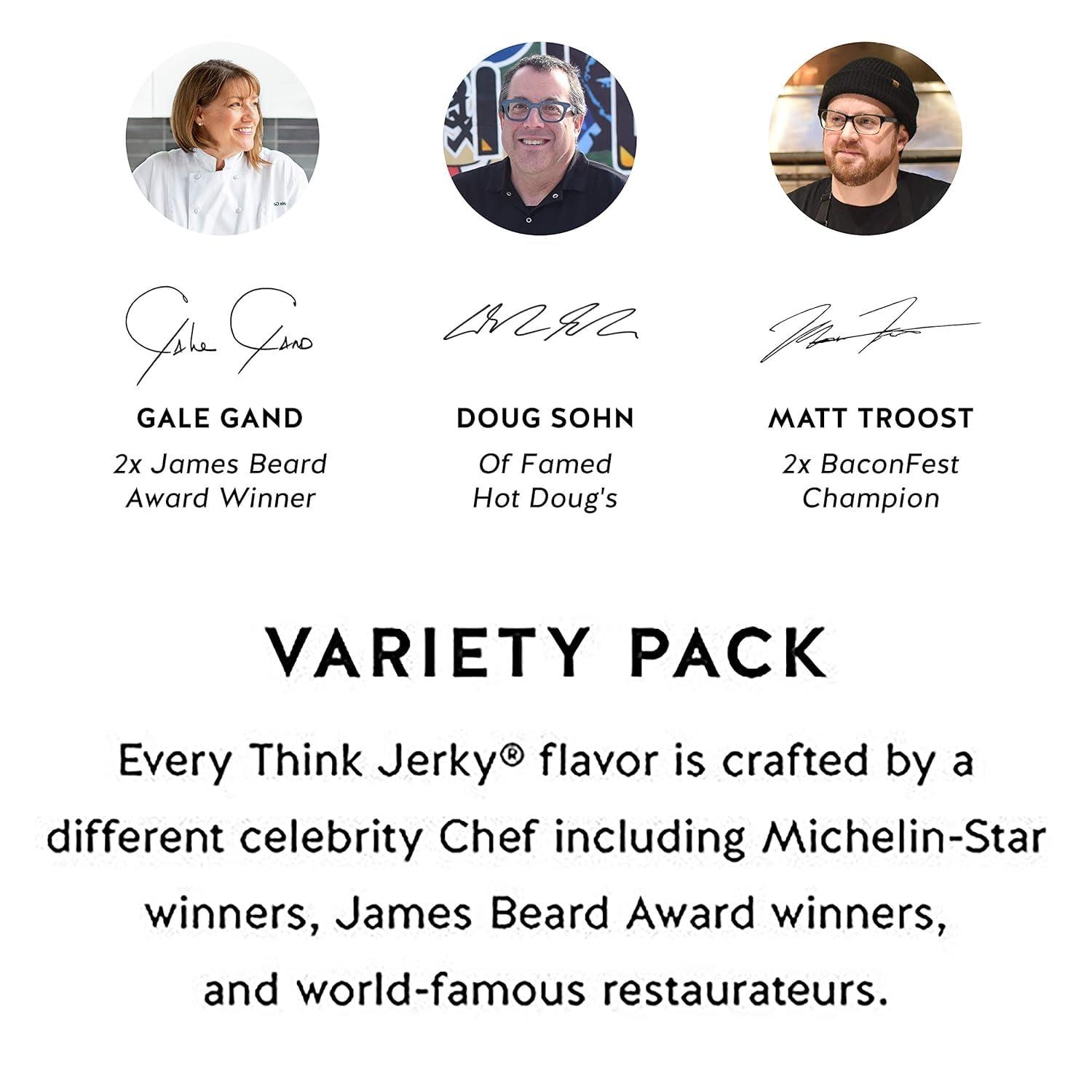 Think Jerky Think Jerky, Beef and Turkey Jerky Variety Pack (1.0 Ounce Bags, Pack of 8) Contains 2 Bags of Each: Classic Beef Jerky, Sweet Chipotle Beef Jerky, Sriracha Honey Turkey Jerky, and Sesame Teriyaki Beef Jerky - Healthy Jerky Snack, Low Calorie, Low Fa