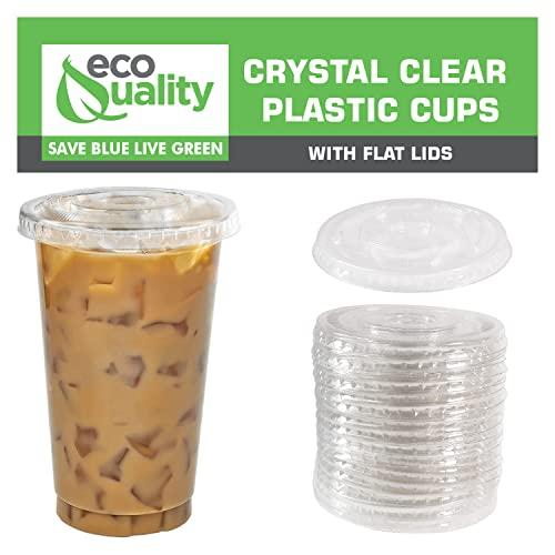 EcoQuality [50 COUNT] 10 oz Clear Plastic Disposable PET Cups with Lids | Crystal Clear PET Cup | Cold Smoothie | Iced Coffee Go Cups | Ideal for Coffee, Parfait, Juice, Soda, Cocktail, Party Cups (10oz)