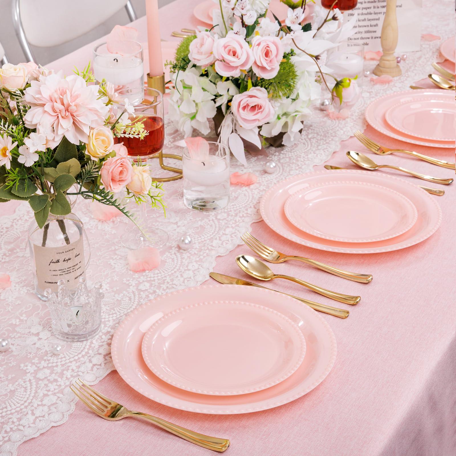 WELLIFE WELLIFE 60PCS Pink Plastic Plates Set-Heavy Duty Pink Plates for Party, Include 30Pcs 10.25inch Pink Dessert Plates, 30Pcs 7.5inch Pink Dinner Plates for Spring Party, Wedding, Mothers Day