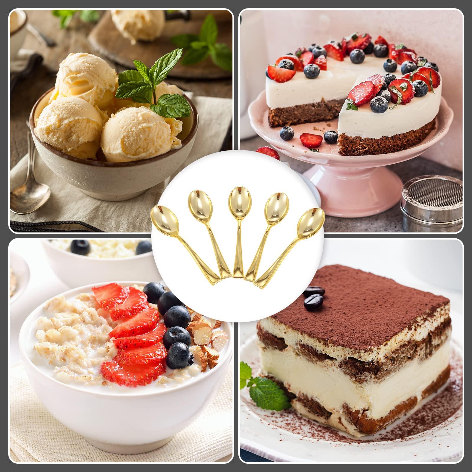 Mimorou 300 Pcs Disposable Mini Gold Spoons Bulk Plastic Gold Spoons Set 4 Inch Gold Dessert Spoons Small Plastic Serving Spoons Heavy Duty Plastic Tasting Spoons for Desserts Sampling or Appetizers