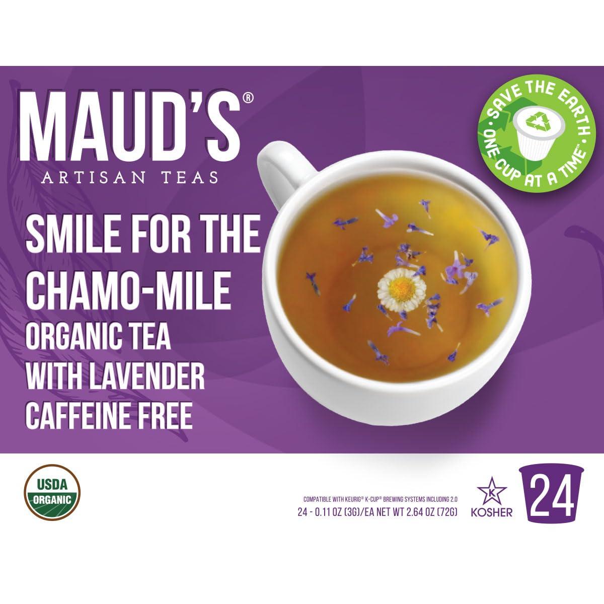 MAUD'S Maud's Organic Chamomile Lavender Tea (Smile For The Chamo-mile) 24ct. Solar Energy Produced Recyclable Single Serve Decaf Tea Pods – 100% Organic Caffeine Free Tea California Blended, KCup Compatible