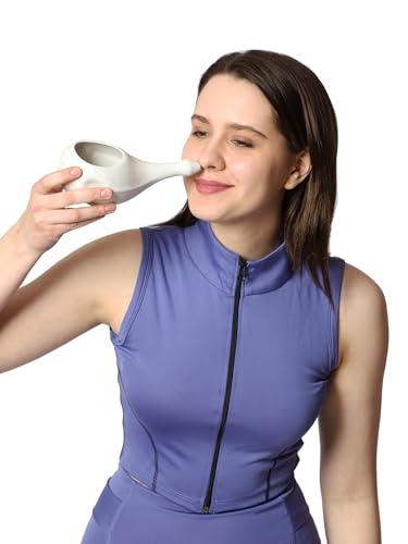 HealthGoodsIn HealthGoodsIn Ceramic Neti Pot, Dishwasher Safe, Conical Tip for Nasal Cleansing + 5 Sachet Neti Salt, Without Handle (Matte Ivory)