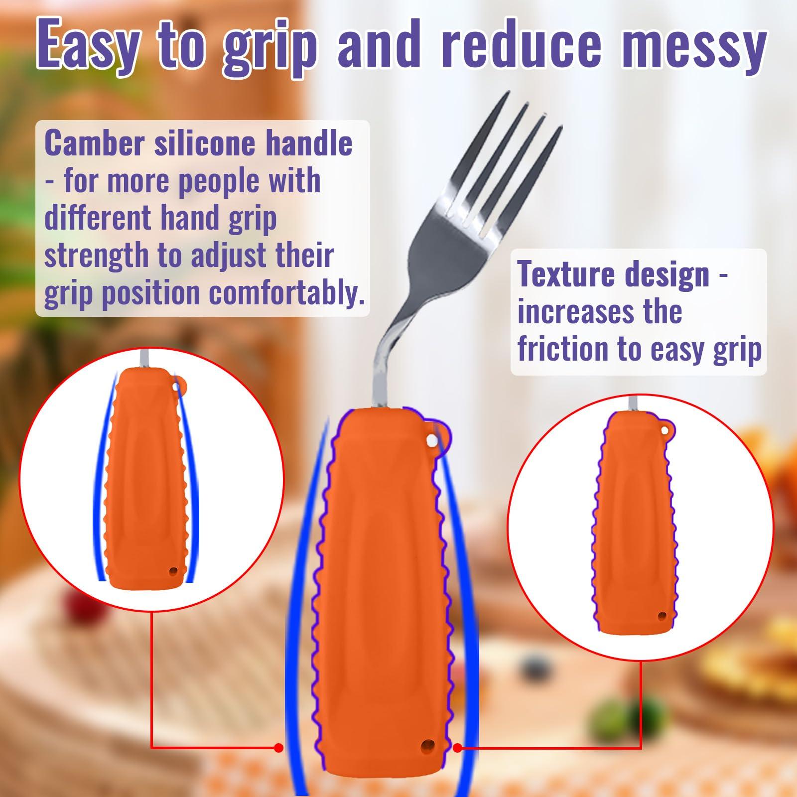 Ehucon Ehucon Adaptive Utensils,Weighted Angled Silverware,Parkinsons Aids,Angled Silverware Spoon and Fork Set for Elderly, Arthritis, Dementia, Disable, Handicapped Hands (Left Hand,Pack of 2,Orange)