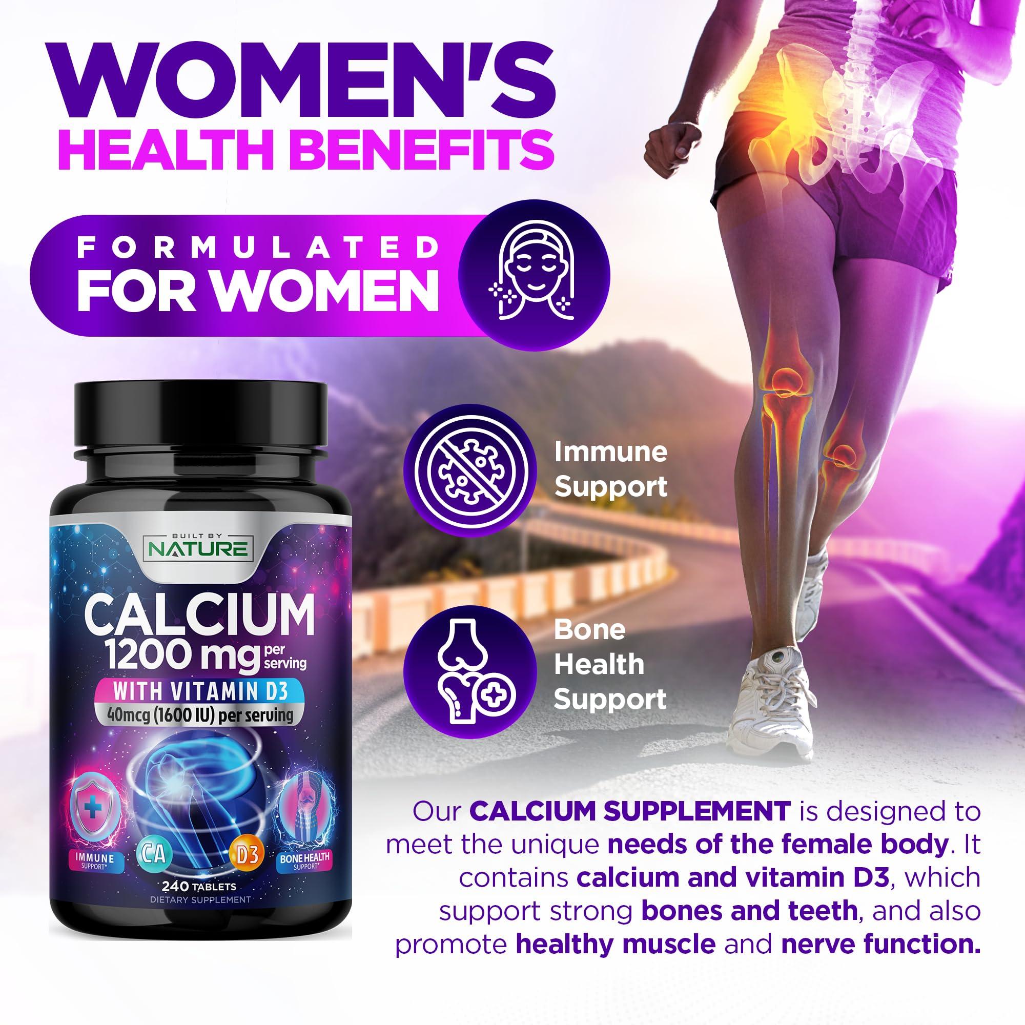Built by Nature Calcium 1200mg with Vitamin D3 for Best Absorption - Advanced Bone Support Supplement, 1200 mg Calcium Carbonate & 1600 IU Vitamin D3, Slow Release for Immune Support, Easy to Swallow, 240 Tablets