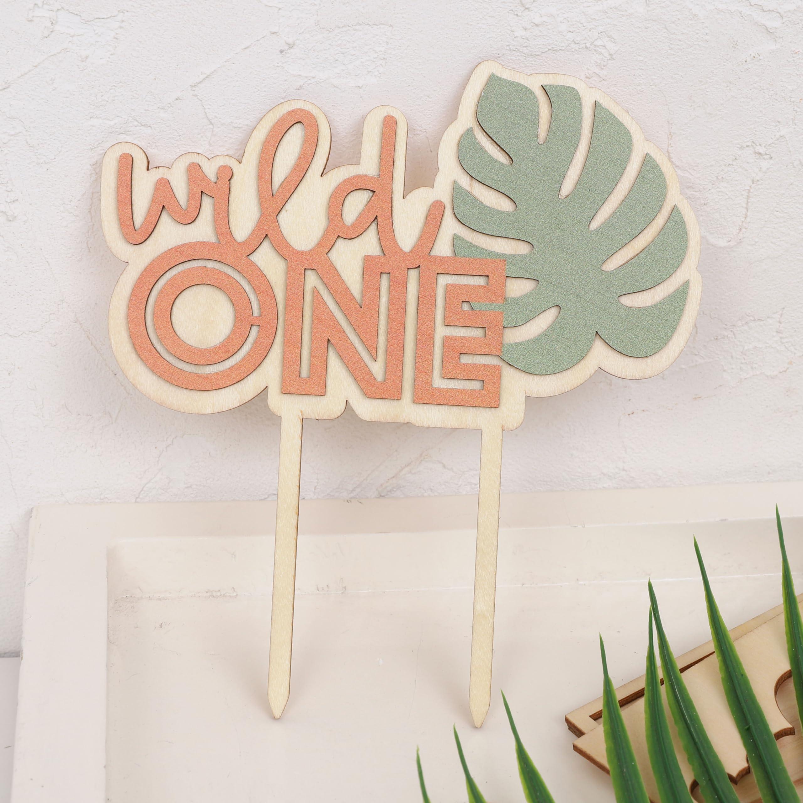 WAHAWU Wild One Wooden Cake Topper - Wild One Birthday Party Decorations, Boy/Girl 1st Birthday Wooden Cake Topper, Nature Forest Theme Party Decor, Wild One Photo Prop Cake Smash (WILD ONE CAKE TOPPER)