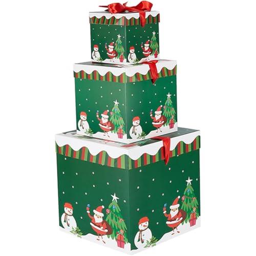 JOYWU JOYWU Christmas Stackable Gift Boxes Set with Lids and Red Rope,3 Pcs Xmas Nesting Box for Gift Wrapping,Square Santa Snowman Xmas Tree Stacking Small Gift Boxes,Christmas Decorative Boxes (Green)