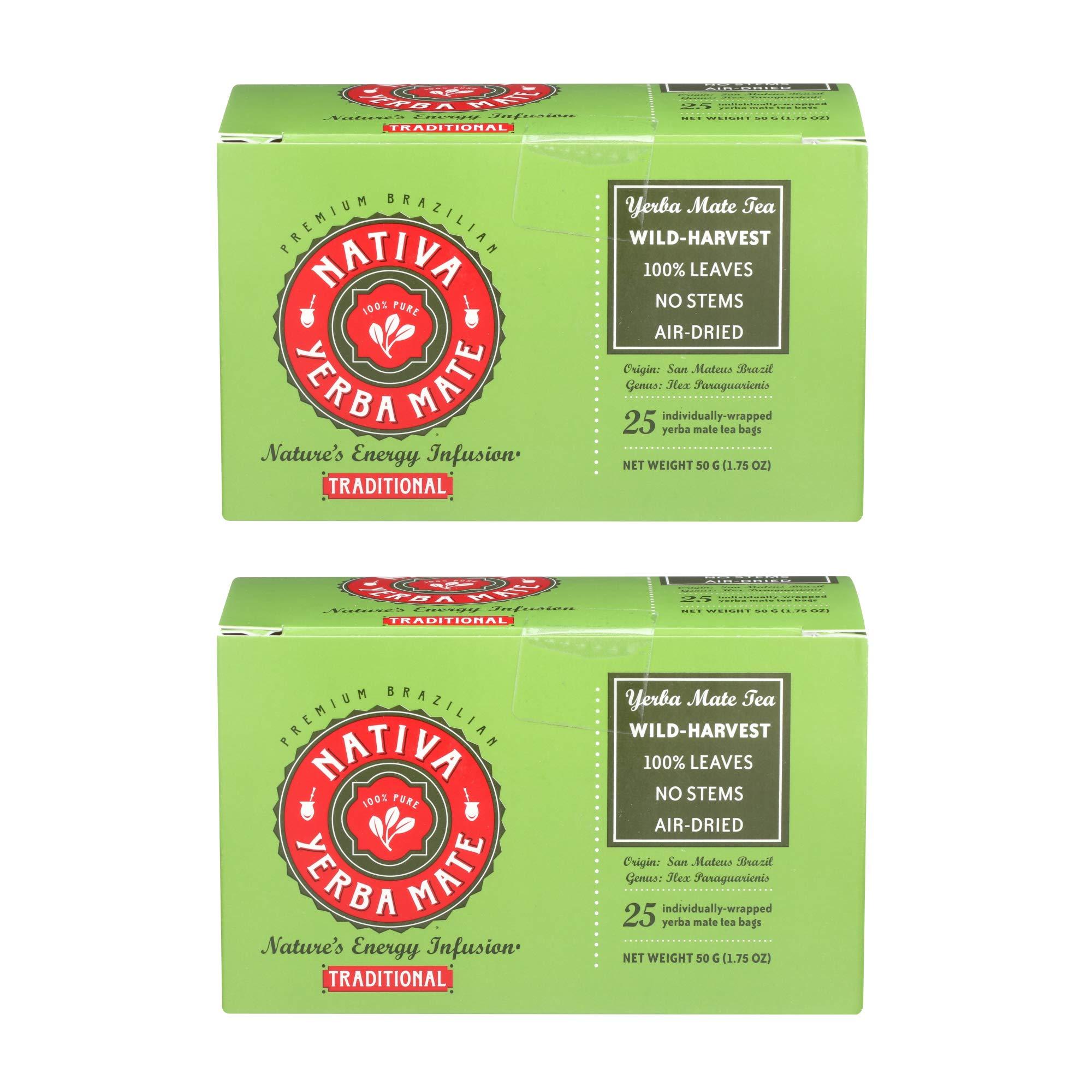 NATIVA YERBA MATE 100% PURE Nativa Yerba Mate Pack - 25 Yerba Mate Tea Bags - Individually Wrapped Bags (Pack of 2)
