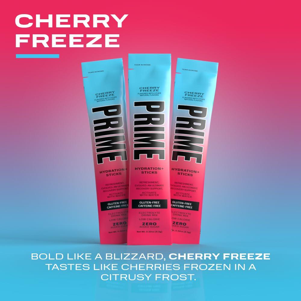 PRIME HYDRATION PRIME HYDRATION+ Sticks Cherry Freeze | Hydration Powder Single Serve Sticks | Electrolyte Powder On The Go | 250mg BCAAs, B Vitamins, Antioxidants | Low Sugar | Caffeine-Free | Vegan | 48 Sticks