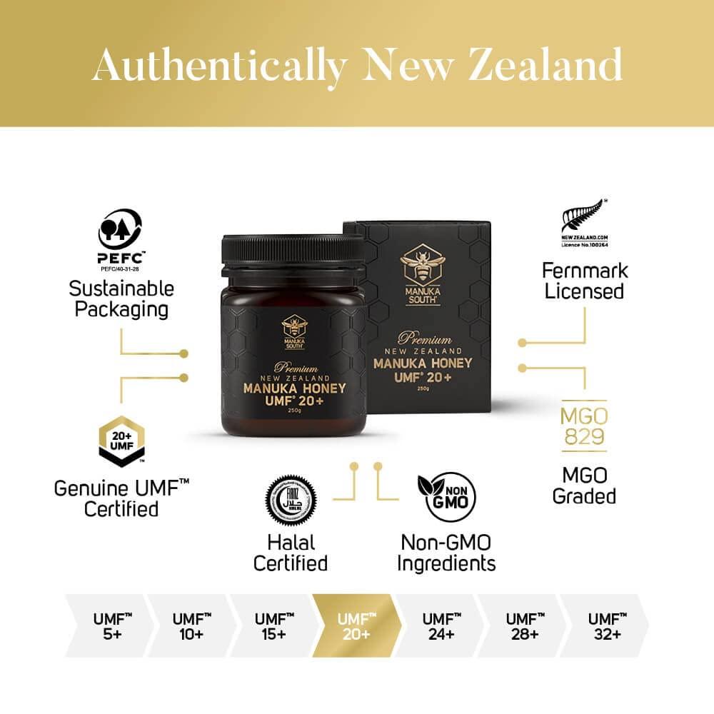 MANUKA SOUTH Manuka Honey New Zealand - Raw Manuka Honey UMF 20+ Certified (MGO 829+) - Natural, Non-GMO Manuka Honey from Manuka South - 250g/8.8oz