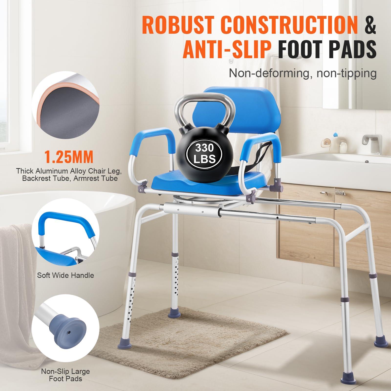 VEVOR VEVOR Sliding Tub Transfer Bench with 360 Degree Swivel Seat, Sliding Shower Chair with Pivoting Armrest & Padded Seat and Safety Belt, Height Adjustable Bath Chair for Elderly Disabled, 330LBS