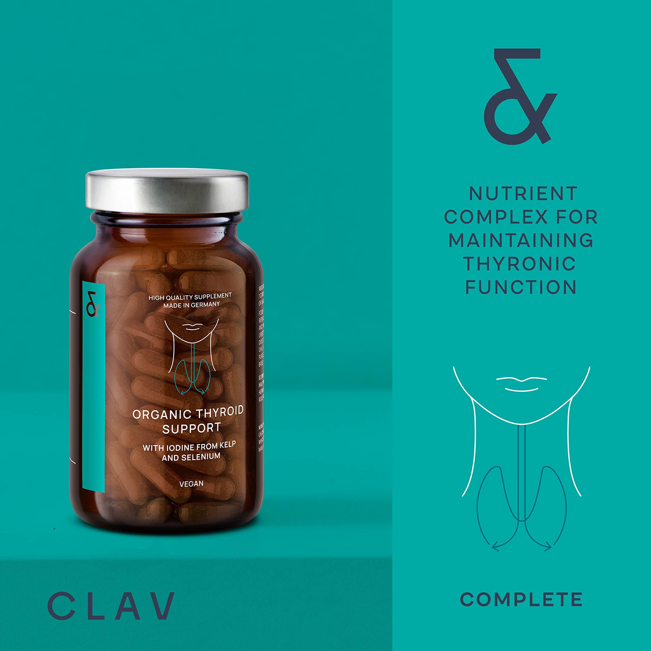 CLAV Organic Thyroid Support Supplement with Iodine from Sea Kelp Organic and Selenium from Mustard Seed Extract - 120 Capsules - Natural Thyroid Supplement for Men & Women - Vegan and Gluten Free