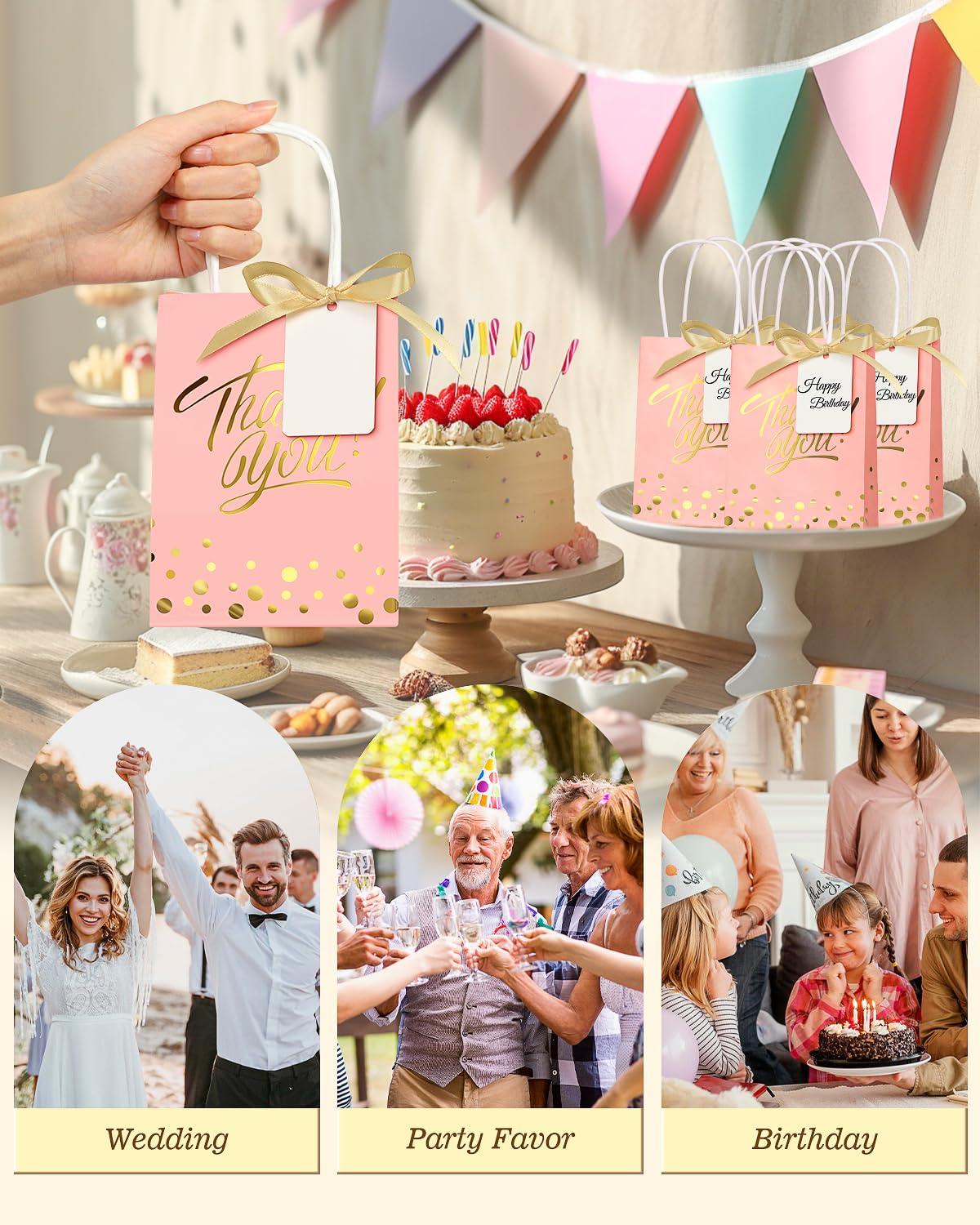 EQOREIIN EQOREIIN 25 Pack Gift Bags with Handles 8.3x6x3.1 Inches Thank You Gift Bags Party Favor Bags Kraft Paper Goodie Bags with Bow Ribbon for Mother\'s Day, Baby Shower, Graduation, Birthday(Pink)