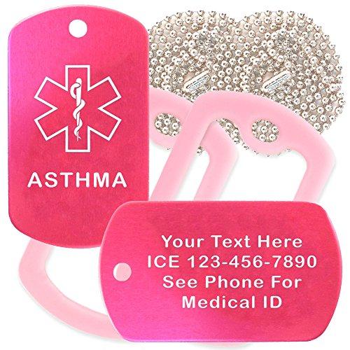Goods For Giving Custom 2 Pack - Asthma Medical Alert ID Necklaces with Pink Hot Custom Tags, Pink Silencers, and 30'' USA Chains