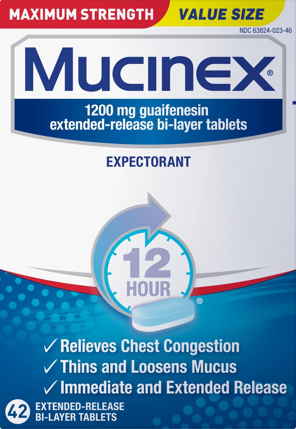 Mucinex Mucinex 12 Hour Maximum Strength 1200 mg Guaifenesin Extended-Release Tablets for Excess Mucus Relief, Expectorant Aids Excess Mucus Removal, Chest Congestion Relief, 42 Tablets