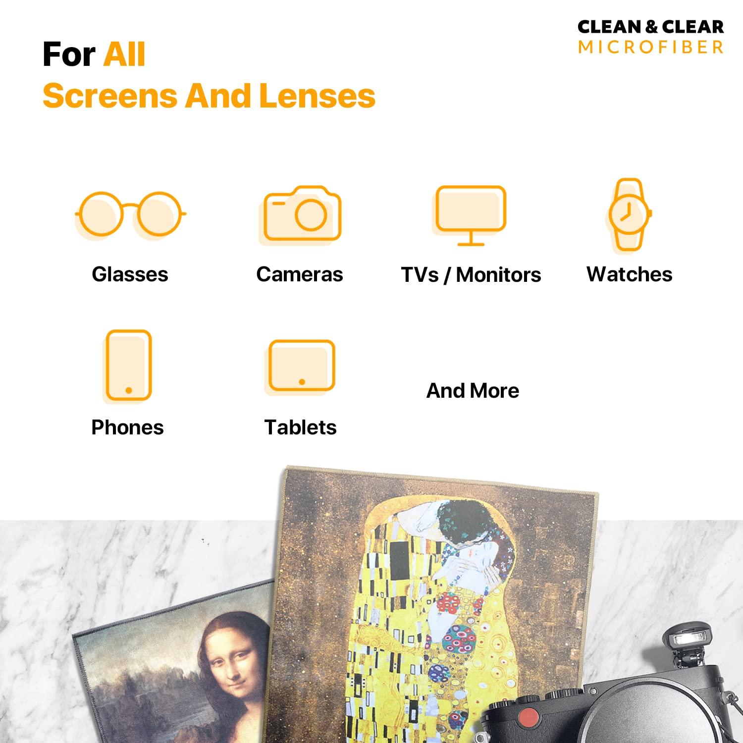Clean & Clear Microfiber Extra Large [5 Pack] World Best Classic Art Collection - Ultra Premium Quality Clean & Clear Microfiber Cleaning Cloths (Best for Camera Lens, Glasses, Screens, and All Lens.)