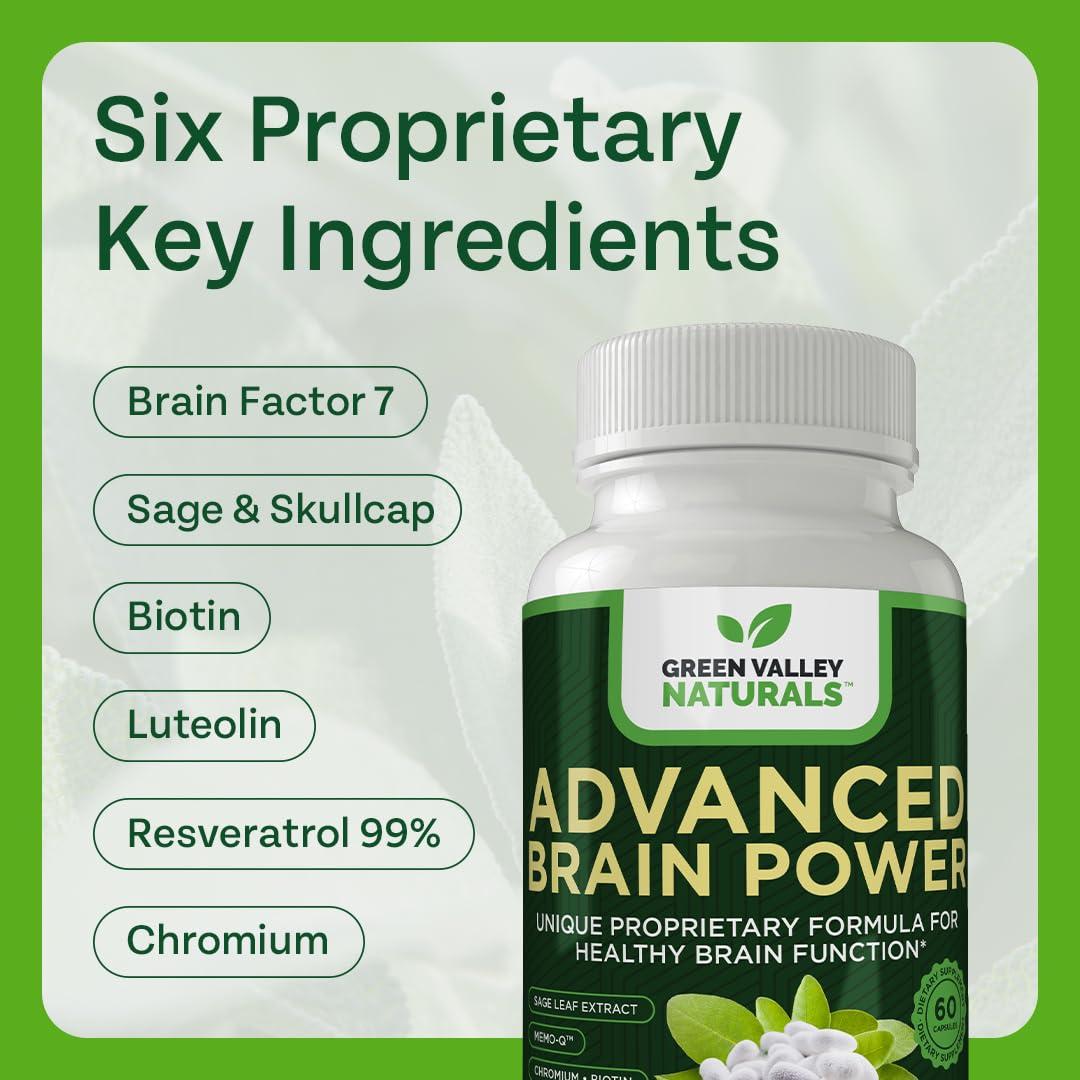 GREEN VALLEY NATURALS GREEN VALLEY NATURALS - Advanced Brain Power - Supports Healthy, Normal Brain Function, Focus and Concentration, clinically formulated to Support Healthy Brain Clarity. (1 Bottle, 60, Count)