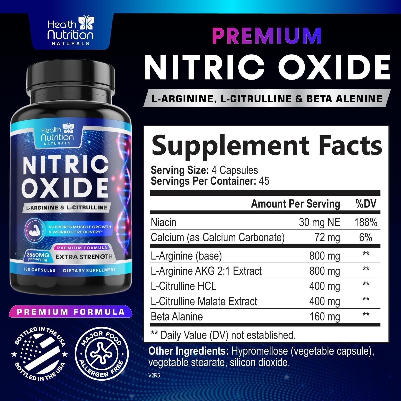Health Nutrition Naturals Extra Strength Nitric Oxide Supplement L Arginine 3X Strength - Citrulline Malate, AAKG, Beta Alanine - Premium Muscle Supporting Nitric Booster for Energy & Strength to Train Harder - 180 Capsules
