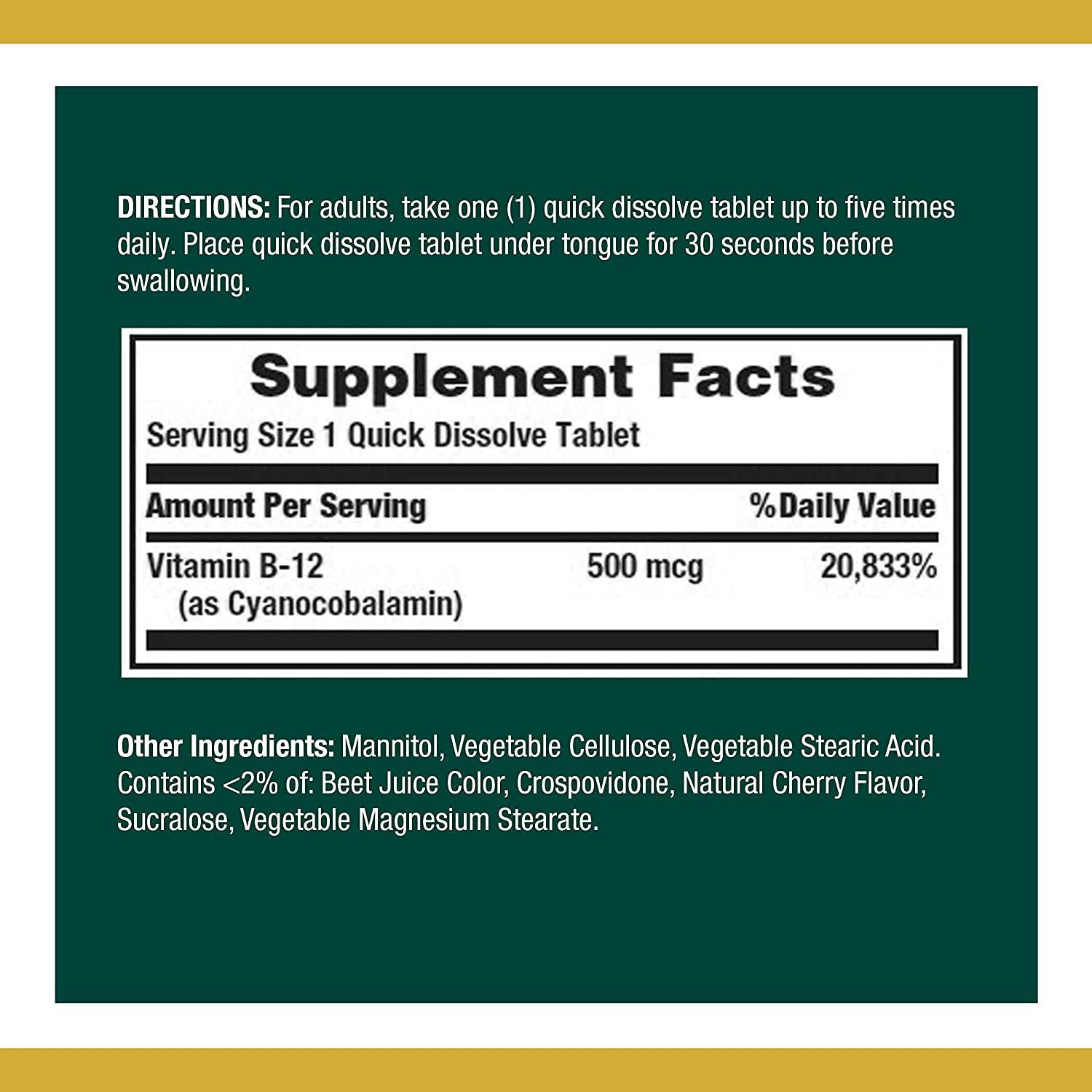 Nature\'s Bounty Nature\'s Bounty Vitamin B12, Supports Energy Metabolism and Nervous System Health, 500mcg, Tablets, 100 Ct (Pack of 2)