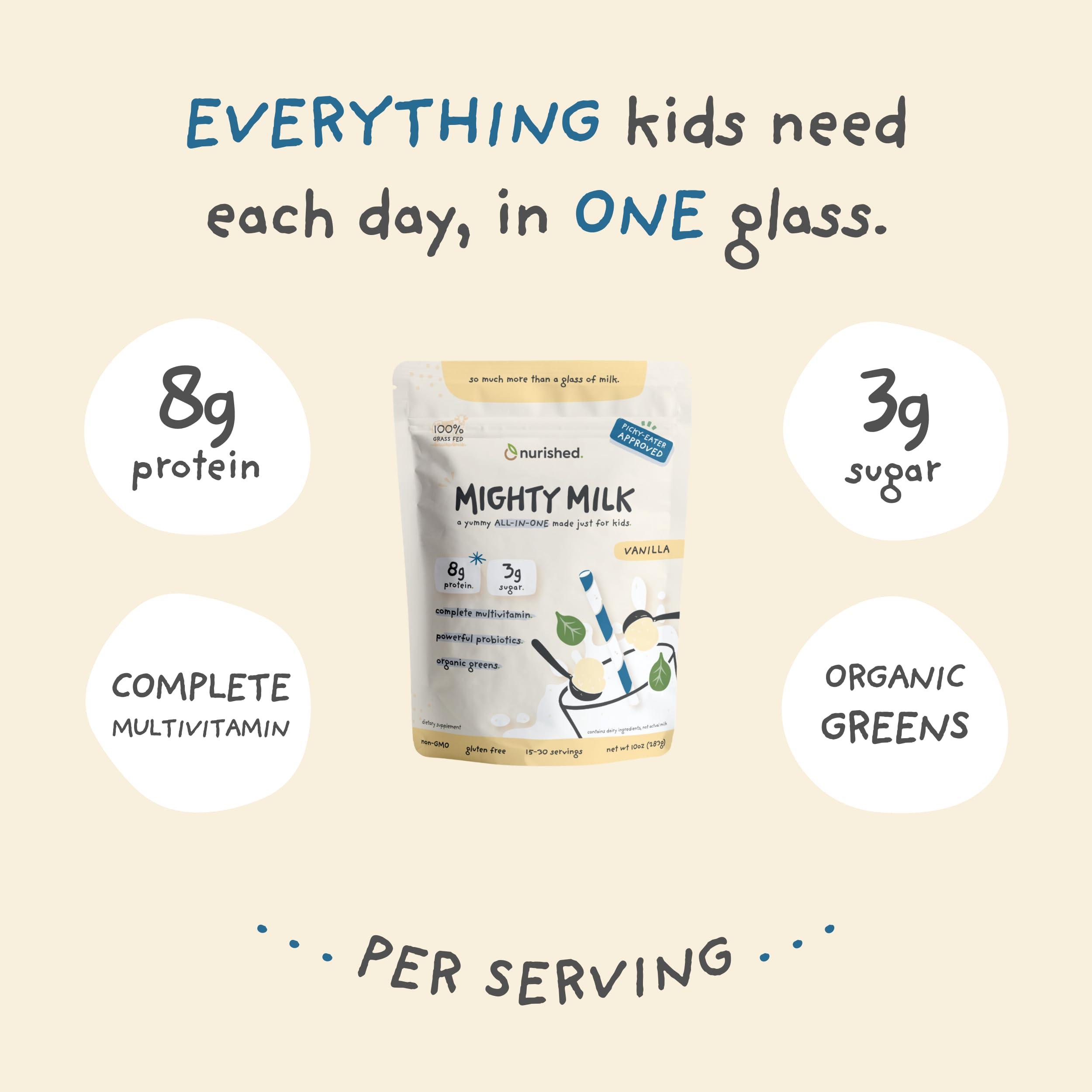 Nurished Nurished Vanilla Mighty Milk - Kids All-in-One Daily Protein Powder & Multivitamin Boosted with 2 Billion Probiotics & Organic Spinach - Natural Flavors, Colors & Sweeteners - 15-30 Servings