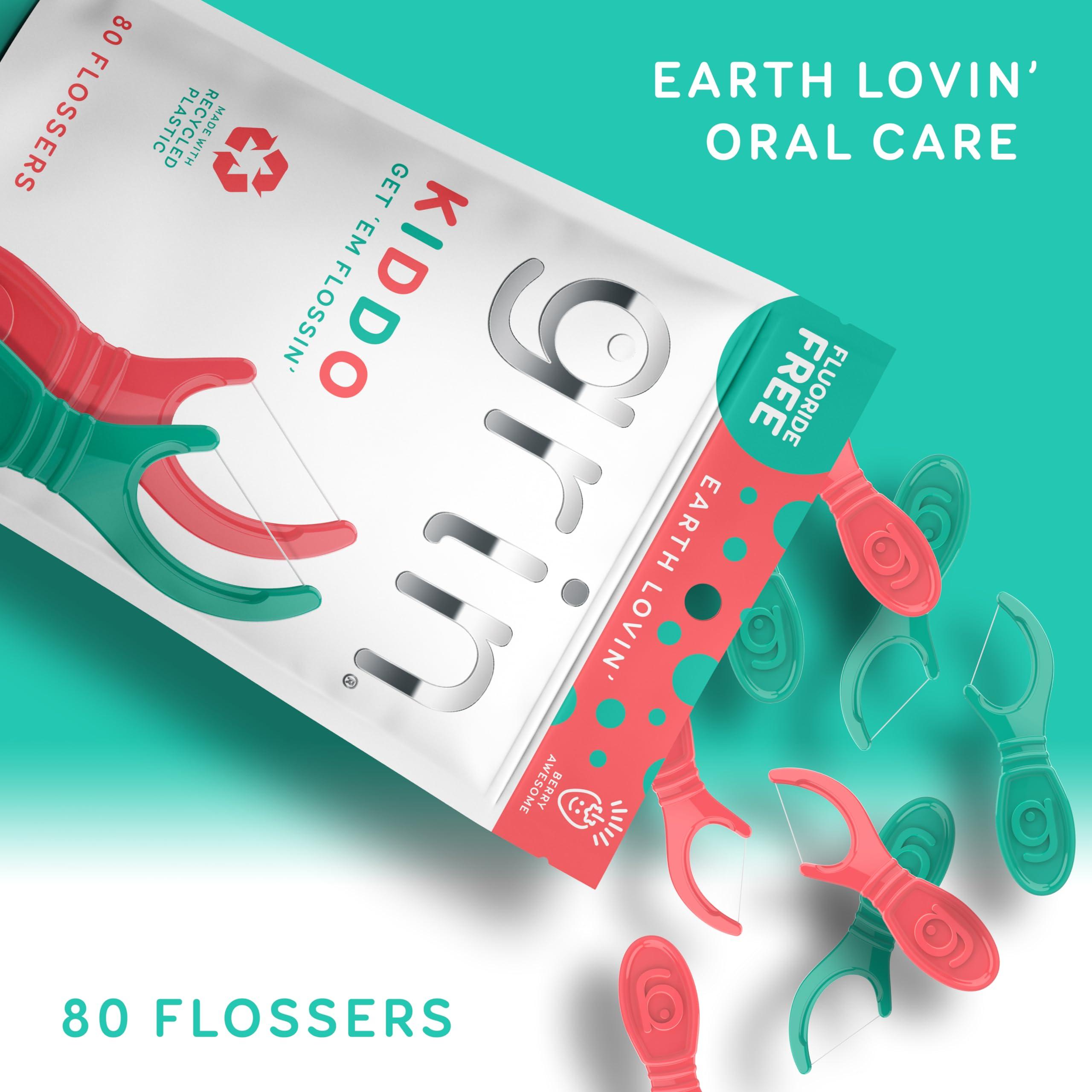 Grin GRIN Kiddo Flossers, Berry Awesome Flavor, Recycled Plastic, Jumbo Grip, Get Your KIDDOS Flossin Early, Larger Floss Head, Child Safe! 80 Count, Floss Picks, Dental Flossers (Pack of 2)