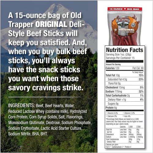 Old Trapper Old Trapper Original Deli-Style Beef Sticks,15-Ounce Package, Perfect for On-the-Go Snacking, Six Grams of Protein and Zero Grams of Sugar per Serving (Pack of One)