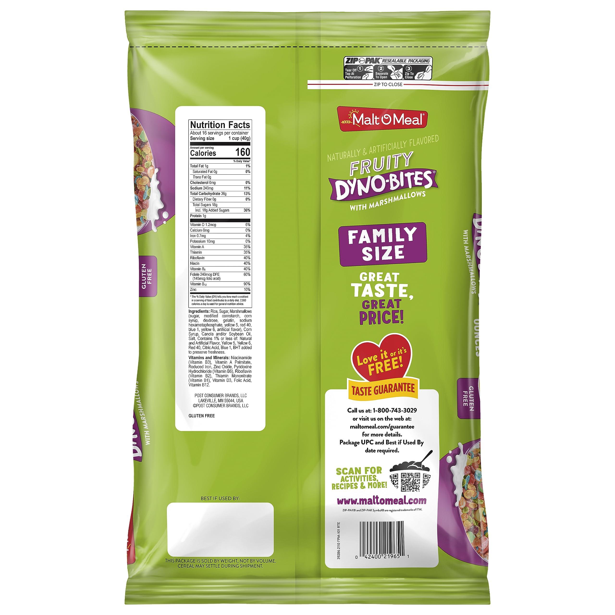 Malt-O-Meal Malt-O-Meal Fruity Dyno Bites Cereal with Marshmallows, Gluten Free Breakfast Cereal, Marshmallow Cereal with Fun Fruity Flavor, 22 OZ Resealable Cereal Bag