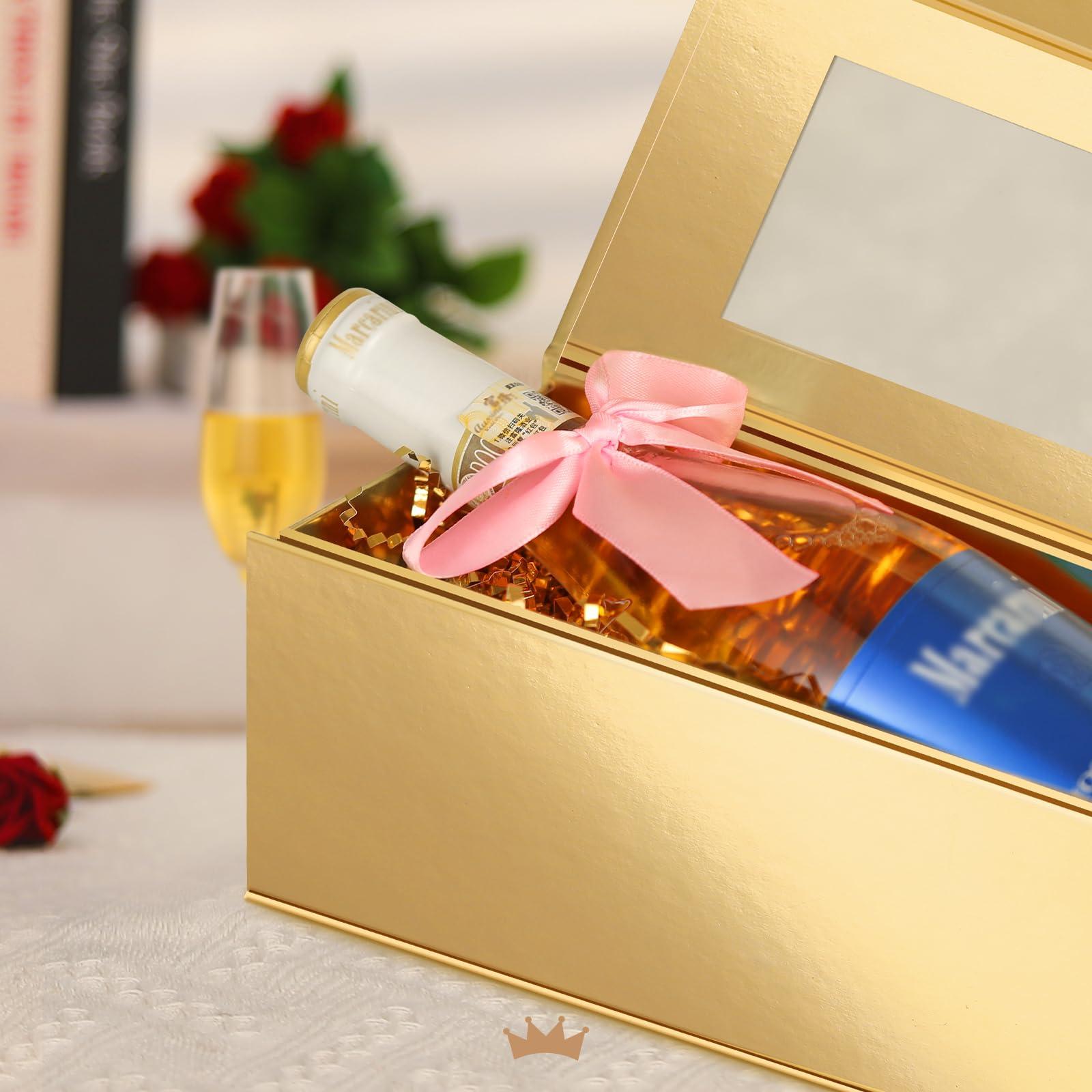 PACKQUEEN PACKQUEEN 6 Wine Gift Boxes with Window, 13.5x4.5x4 Inches Gold Bottle Gift Boxes for Liquor and Champagne, Reusable Collapsible for Christmas Wedding Anniversary Festivals Party Present (Glossy Gold)