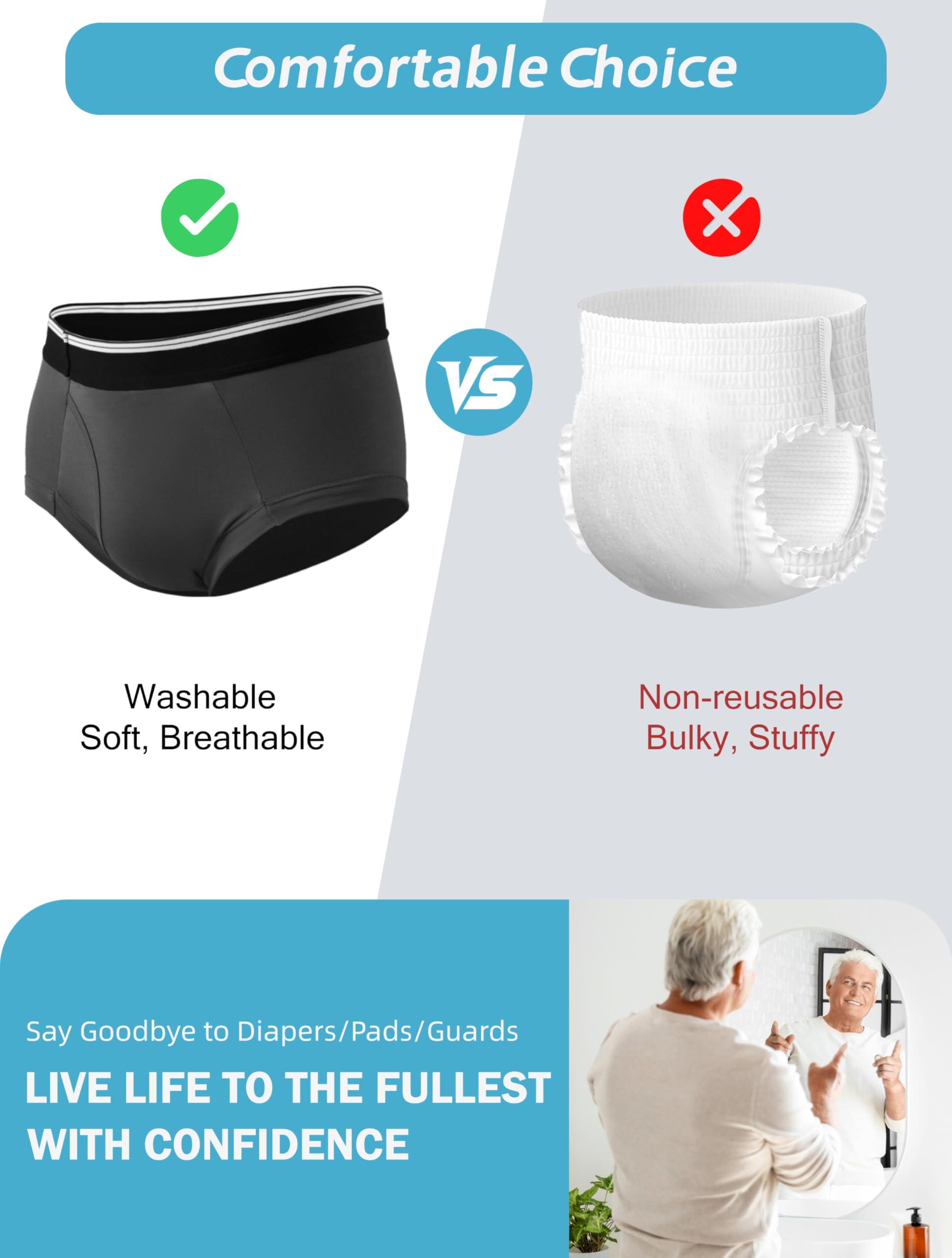 TIICHOO TIICHOO Washable Incontinence Underwear for Men Soft Male Protective Leak Proof Briefs with 50 ml Absorbency 5 Pack(XX-Large, 5 Black)