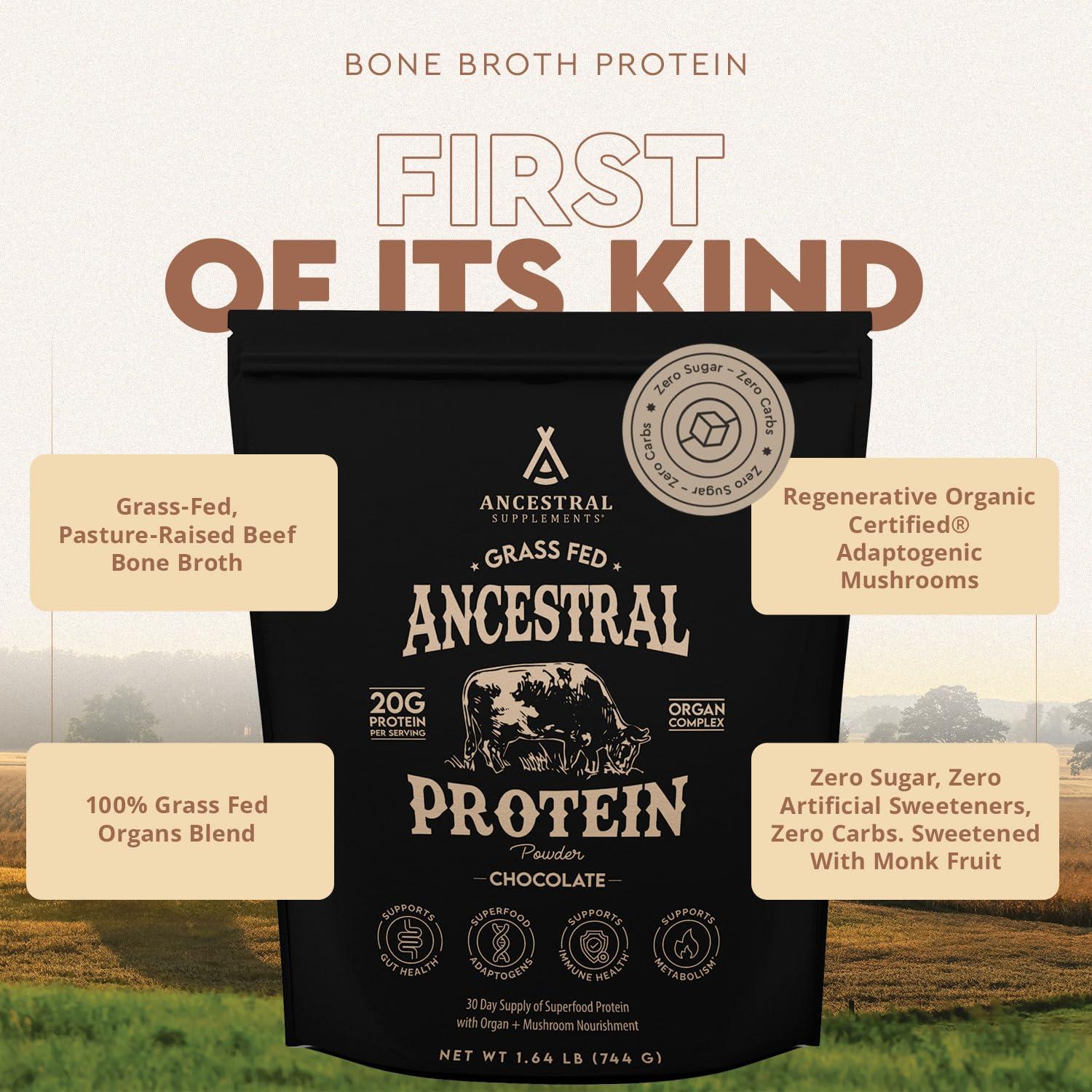 Ancestral Supplements Ancestral Supplements Grass Fed Protein Powder, Chocolate, Beef Bone Broth Based w/Beef Organs & Organic Mushrooms, Gut Health Support, High Protein Supplement, 20g Protein Per Serving, 30 Day Supply