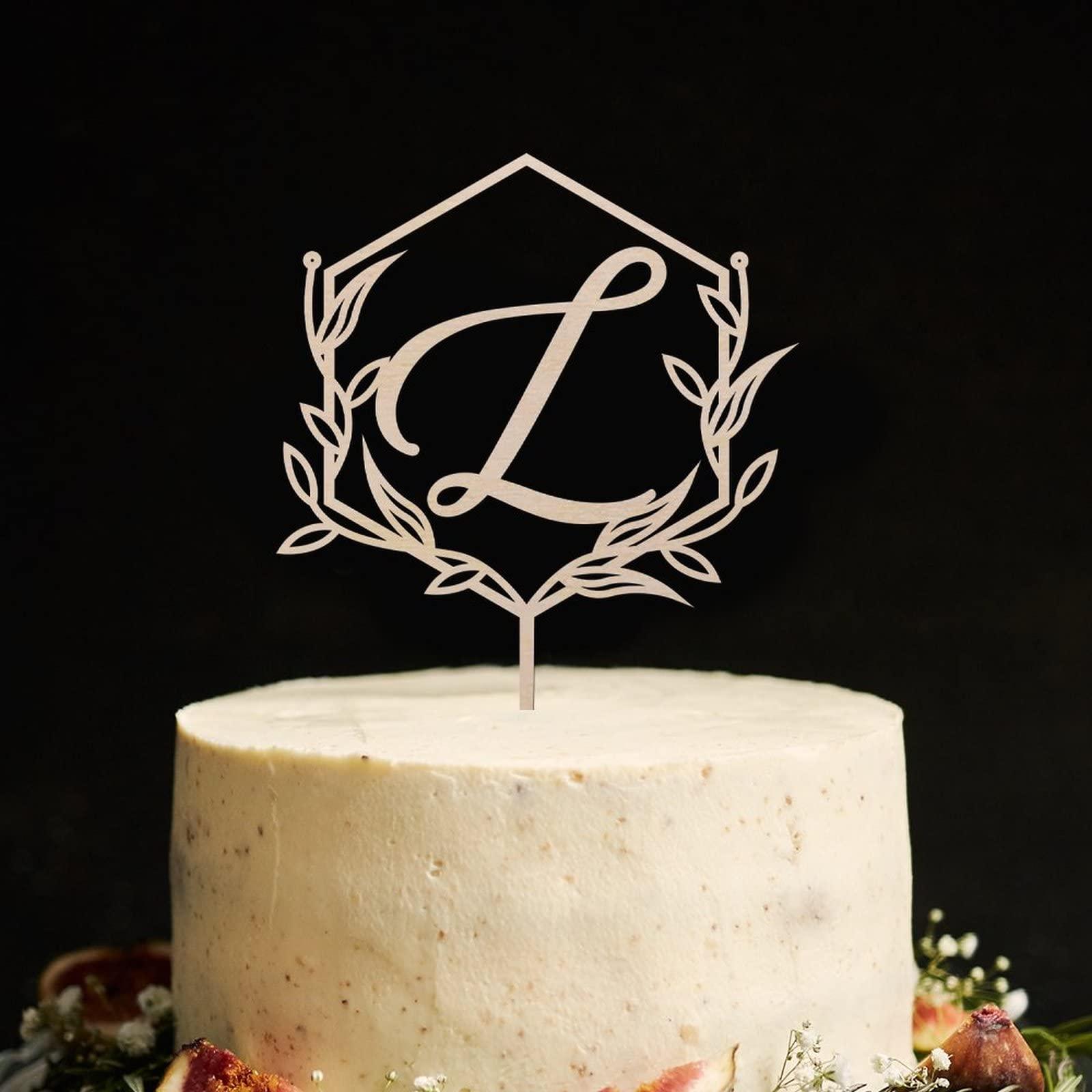 Vinisong Vinisong Personalized Initials Cake Topper Wreath Letter L Cake Topper Wood Monogram Cake Topper Rustic Wedding Cake Topper Birthday Cake Decoration(Design 03,L)