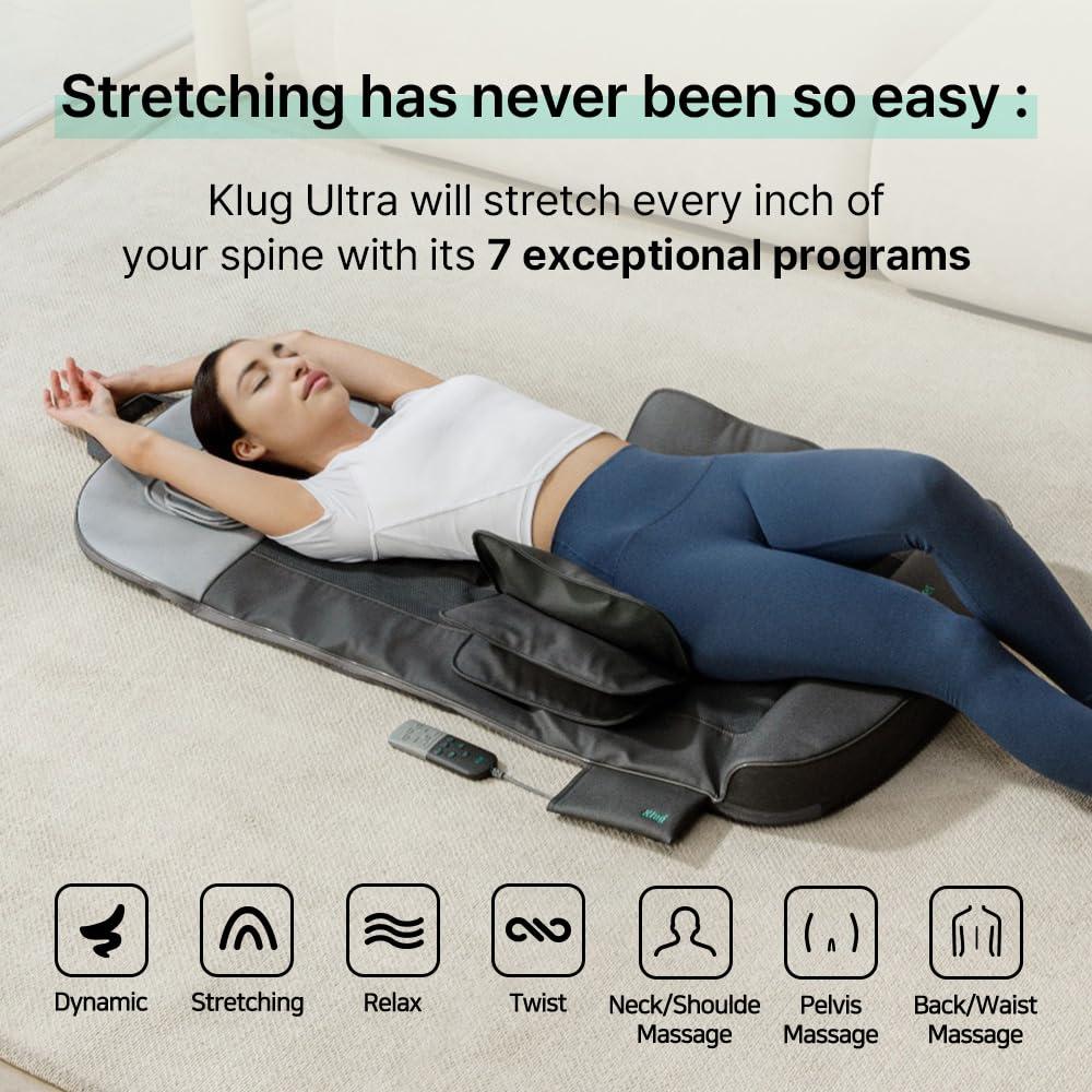 Klug Klug Stretching Massager Ultra, Effortless auto-Stretching Mat, Ease Back & Neck Pain with 3 Intensity Levels 7 Exceptional Programs, 2 Levels of Heat Function, Foldable & Portable Design
