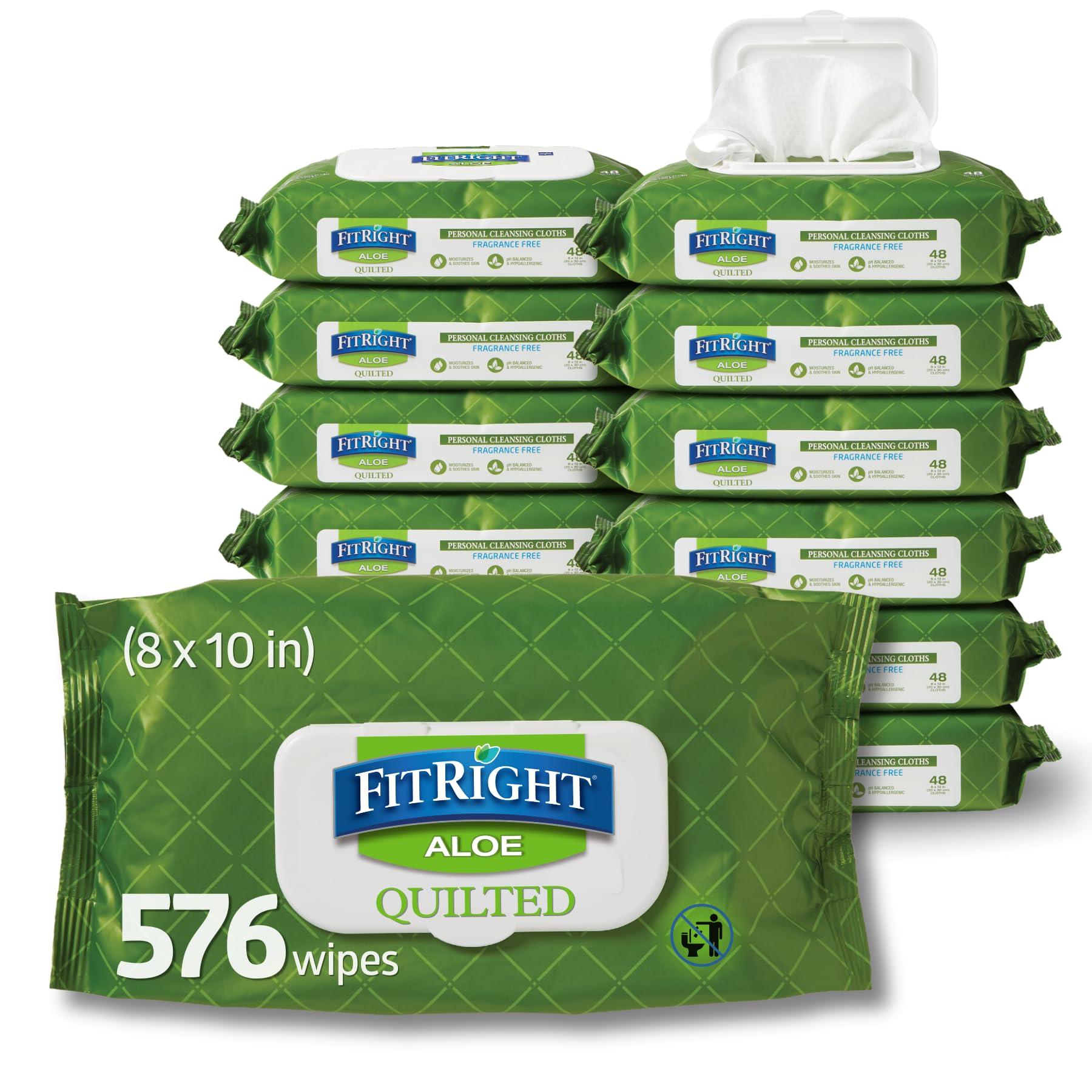 Medline FitRight Aloe Quilted Heavyweight Personal Cleansing Cloth Wipes, Unscented, 576 Count, 8 x 12 inch Adult Large Incontinence Wipes