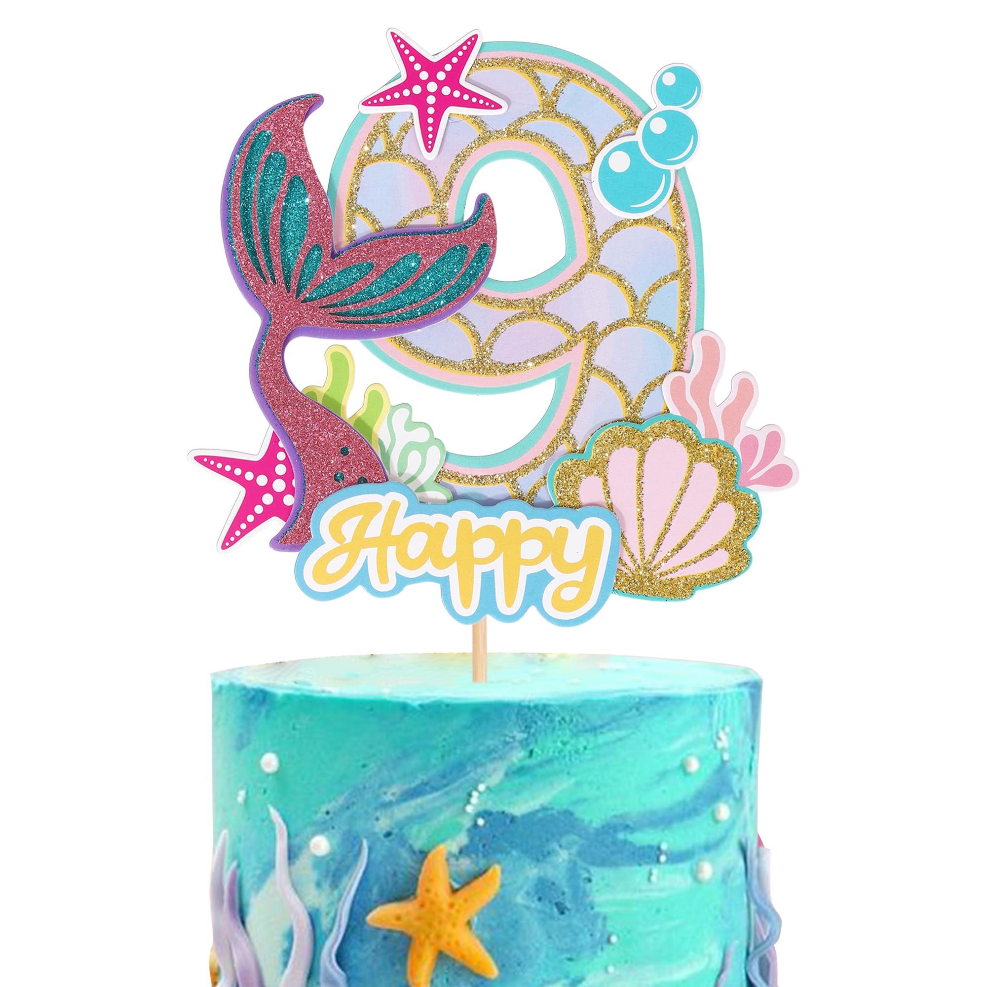 YCTHUNFISH 1 Pack Mermaid Cake Topper 9th Birthday Cake Pick Happy Birthday Ocean Sea Creature Mermaid Cake Decoration for Kids Nine Birthday Baby Shower Summer Party Supplies
