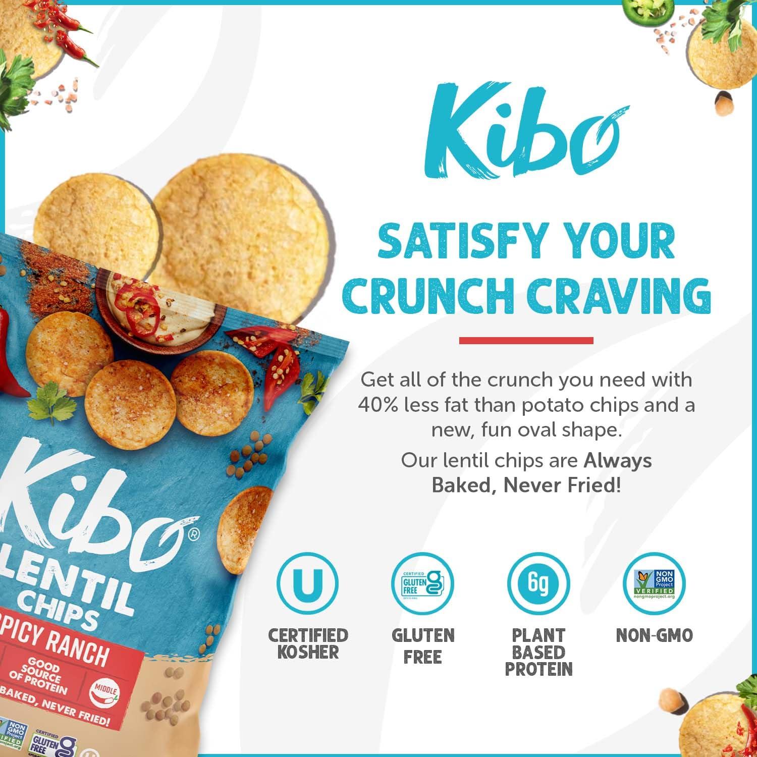 KIBO FOODS Kibo Lentil Chips Spicy Ranch - 6g Protein, Non-GMO, Vegan, Plant-based, Crispy and Non-Fried - Made with Real Veggies - 1 oz (Pack of 12)