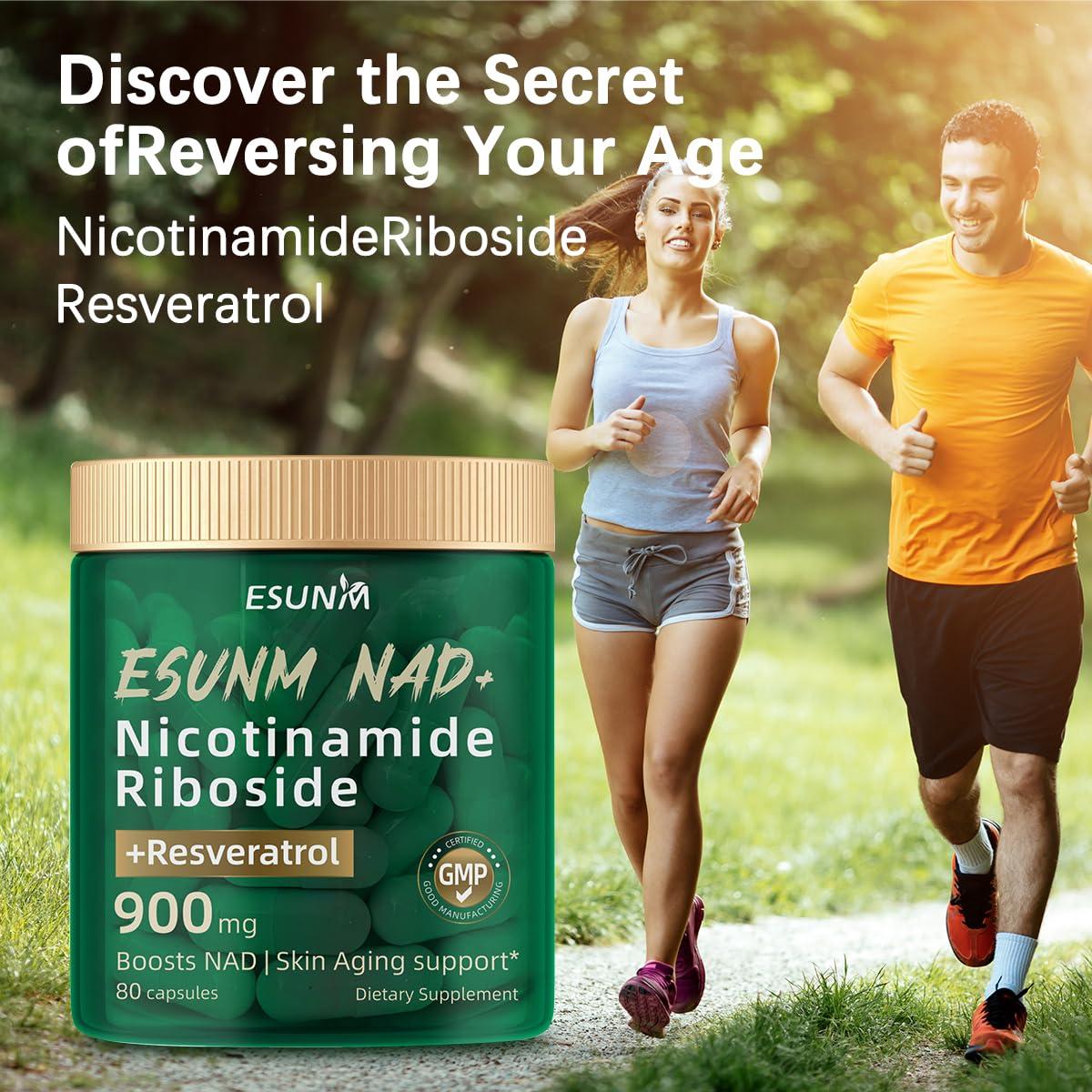 ESUNM Nicotinamide Riboside 900mg, NAD+ Supplement Resveratrol Nutritional Supplements, Supplement for Anti-Aging, Energy, Focus - 80 Capsules