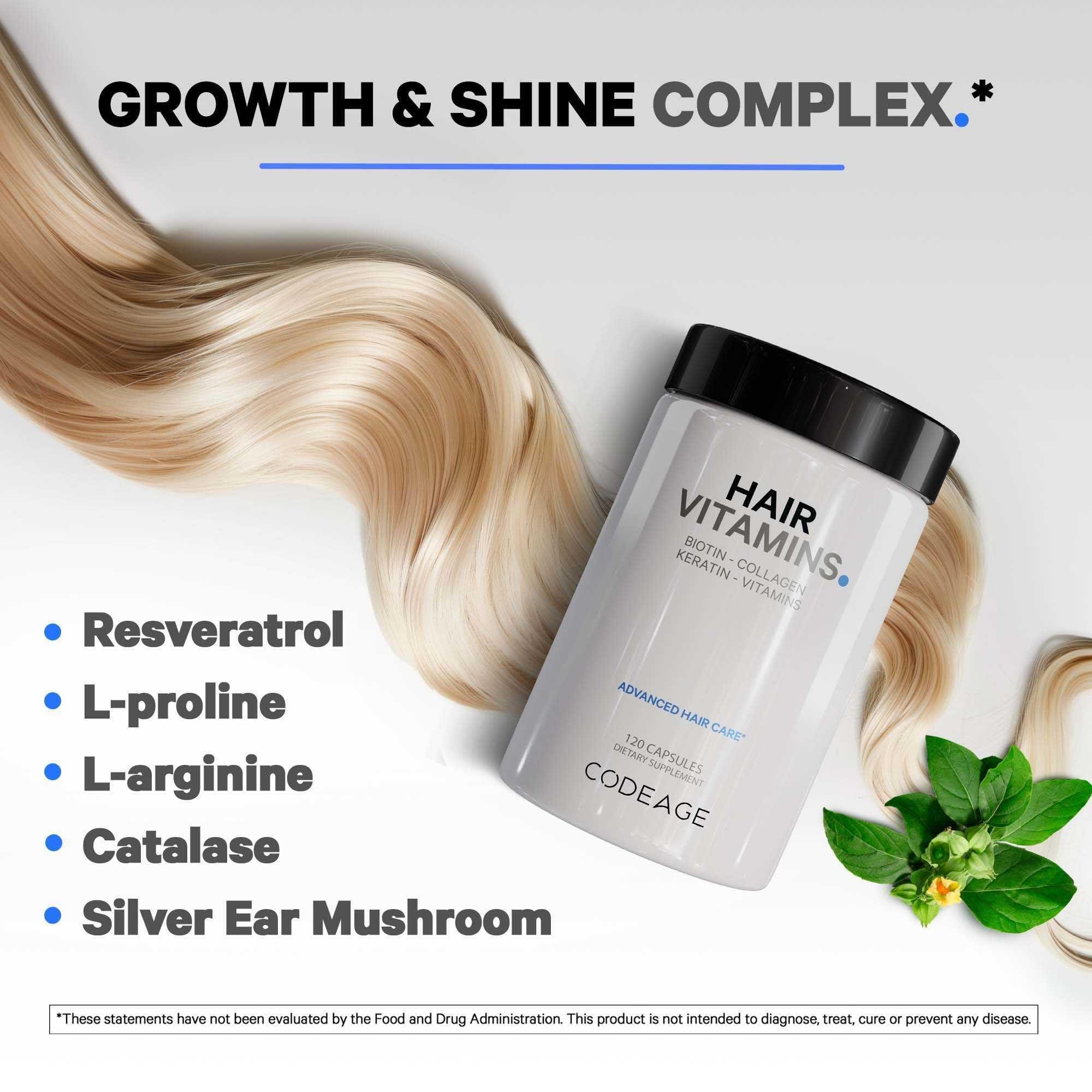 Codeage Codeage Hair Vitamins 10000 mcg Biotin, Keratin, Collagen, Vitamin A, B12, C, D3, E, Zinc, Turmeric, Probiotics, Enzymes, Inositol - Hair Care Support - Healthy Hair Supplement Pills - 2 Pack