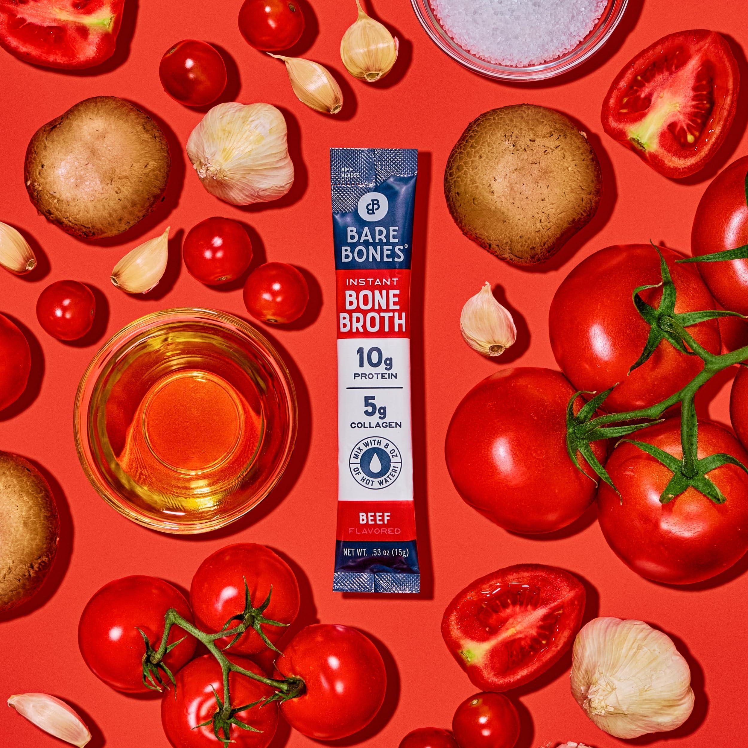 Bare Bones Bare Bones Beef Bone Broth Instant Powdered Mix | Rich Savory Packets on-the-Go No Artificial Flavors | 100% Grass Fed Keto & Paleo Friendly | 10g Protein | 8 Pack