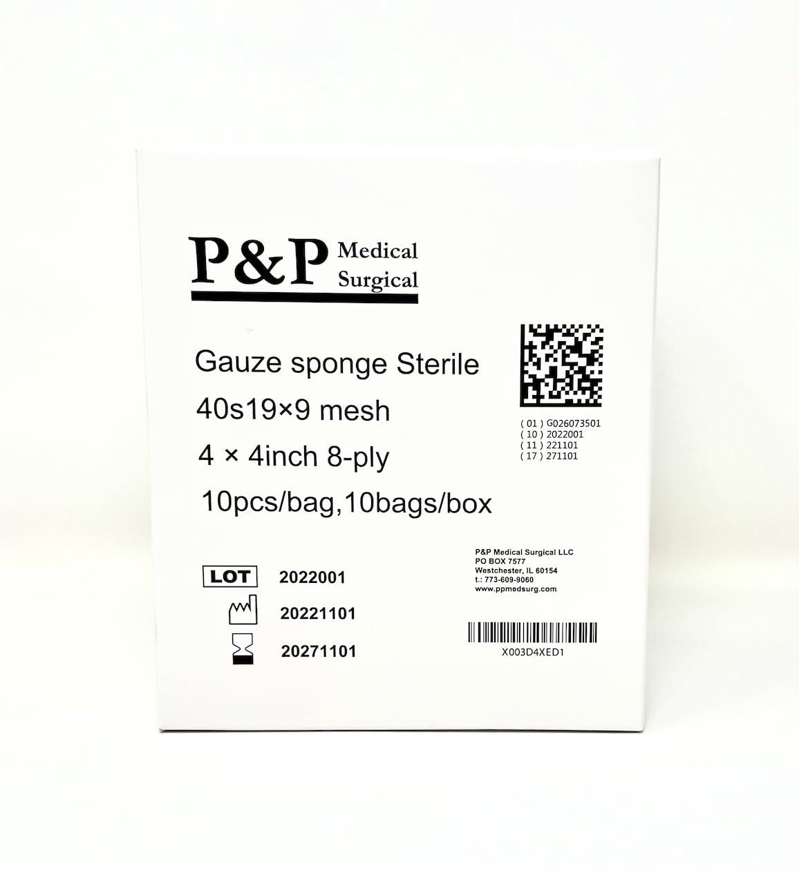 P&P Medical Surgical Gauze Surgical Sponges Cotton STERILE Woven 8-ply High Grade Quality 4\"x4\" Class I(a) All Purpose Pads Box of 1000
