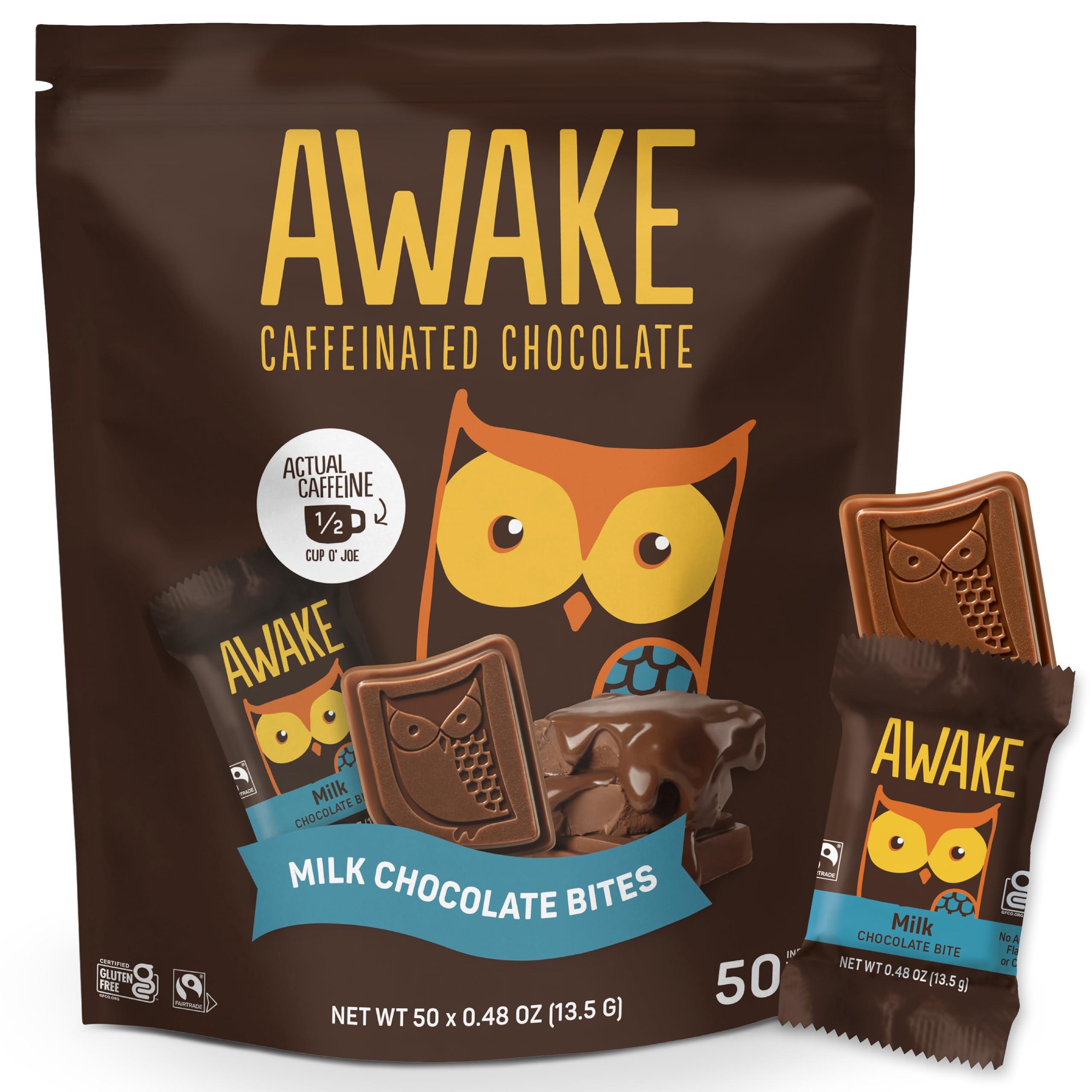 AWAKE Caffeinated Chocolate AWAKE - Caffeinated Chocolate Bites - Milk Chocolate, 50 Bites - 50mg Caffeine - Individually Wrapped Energy Bites - Coffee Alternative - Fairtrade, Gluten Free, Non GMO - 0.48oz
