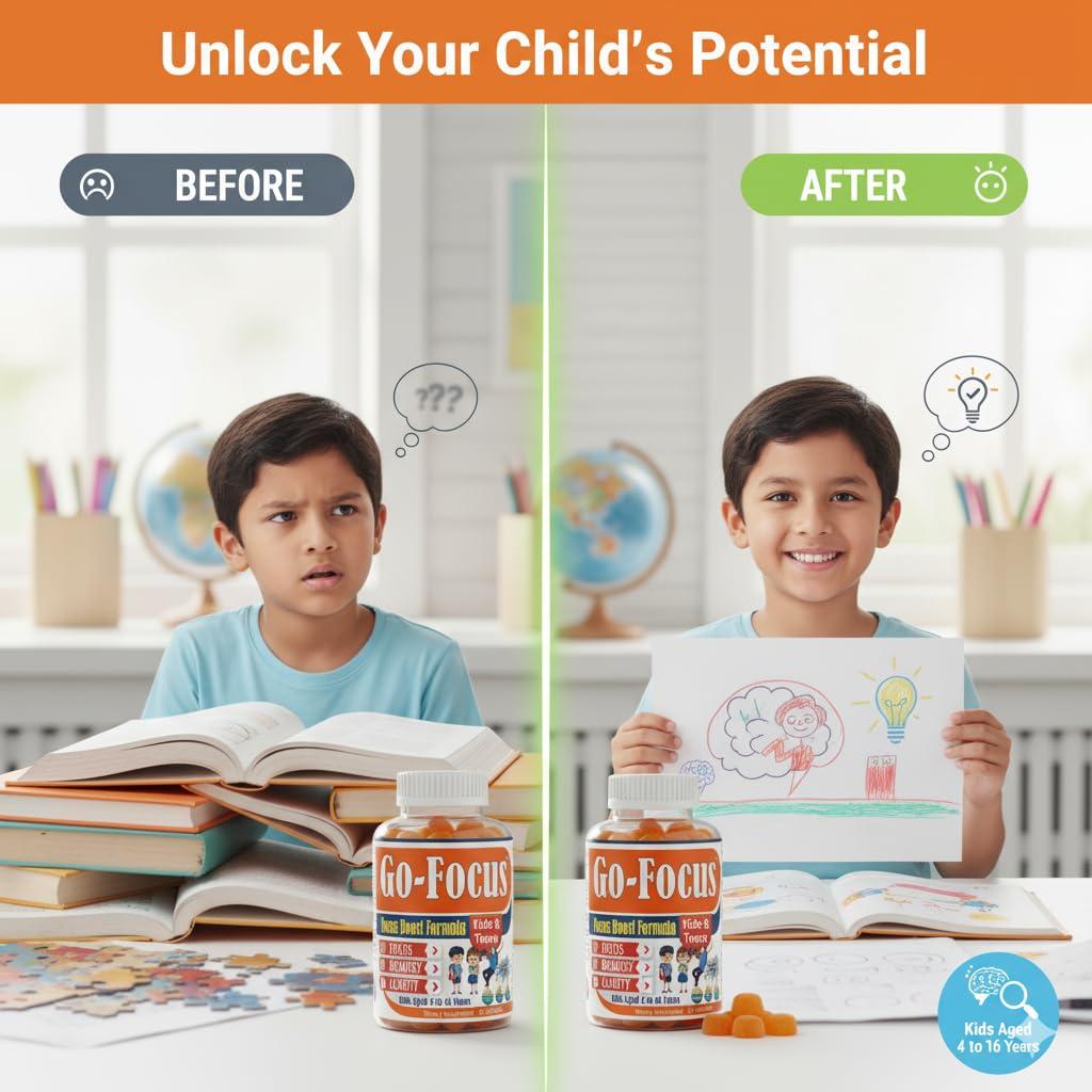 BrightKids BrightKids Brain Supplements for Memory and Focus, Omega 3 & DHA Focus Gummies for Kids, Memory Booster Focus Supplement for Kids & Teens- Low-Sugar, Natural Fruit Flavor 60 Gummies