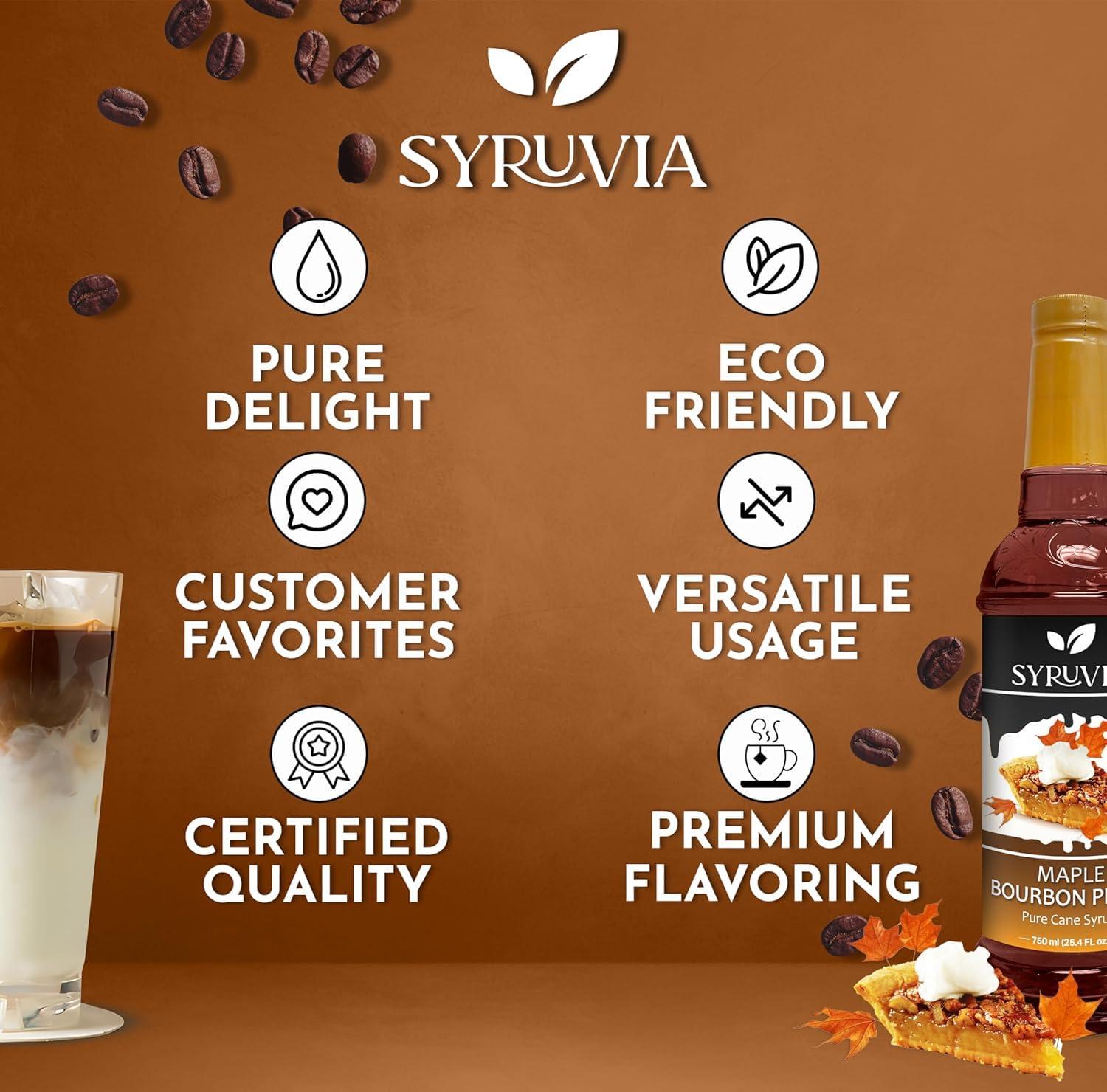 SYRUVIA Syruvia Maple Bourbon Pecan Syrup Maple Bourbon Pecan Coffee Syrup Flavor, 25.4 fl oz, Kosher, Gluten Free, Perfect for Coffee, Drinks, Soda, Desserts, and More, With Syrup Pump