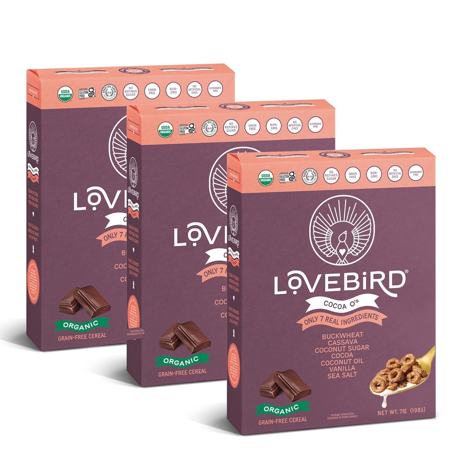 Lovebird Lovebird Gluten Free Cereal Cacao 3 Pack - Organic Grain Free Cereals Paleo AIP Dairy Free Keto Friendly No Refined Sugar Healthy Snacks for Kids, Adults