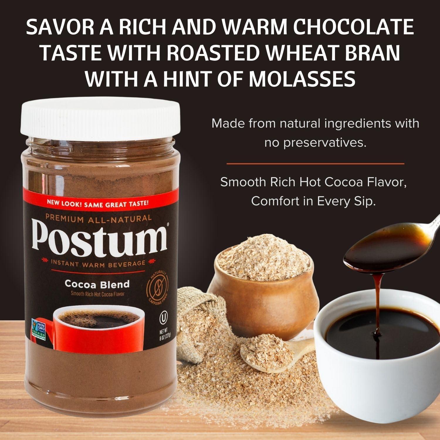 Postum Postum Cocoa Blend Flavor Coffee Substitute Caffeine Free Delight with Roasted Wheat Bran & Molasses (2 x 8oz)| Natural, Non-GMO, Vegan & Healthy Coffee Alternative Caffeine Free Hot Chocolate