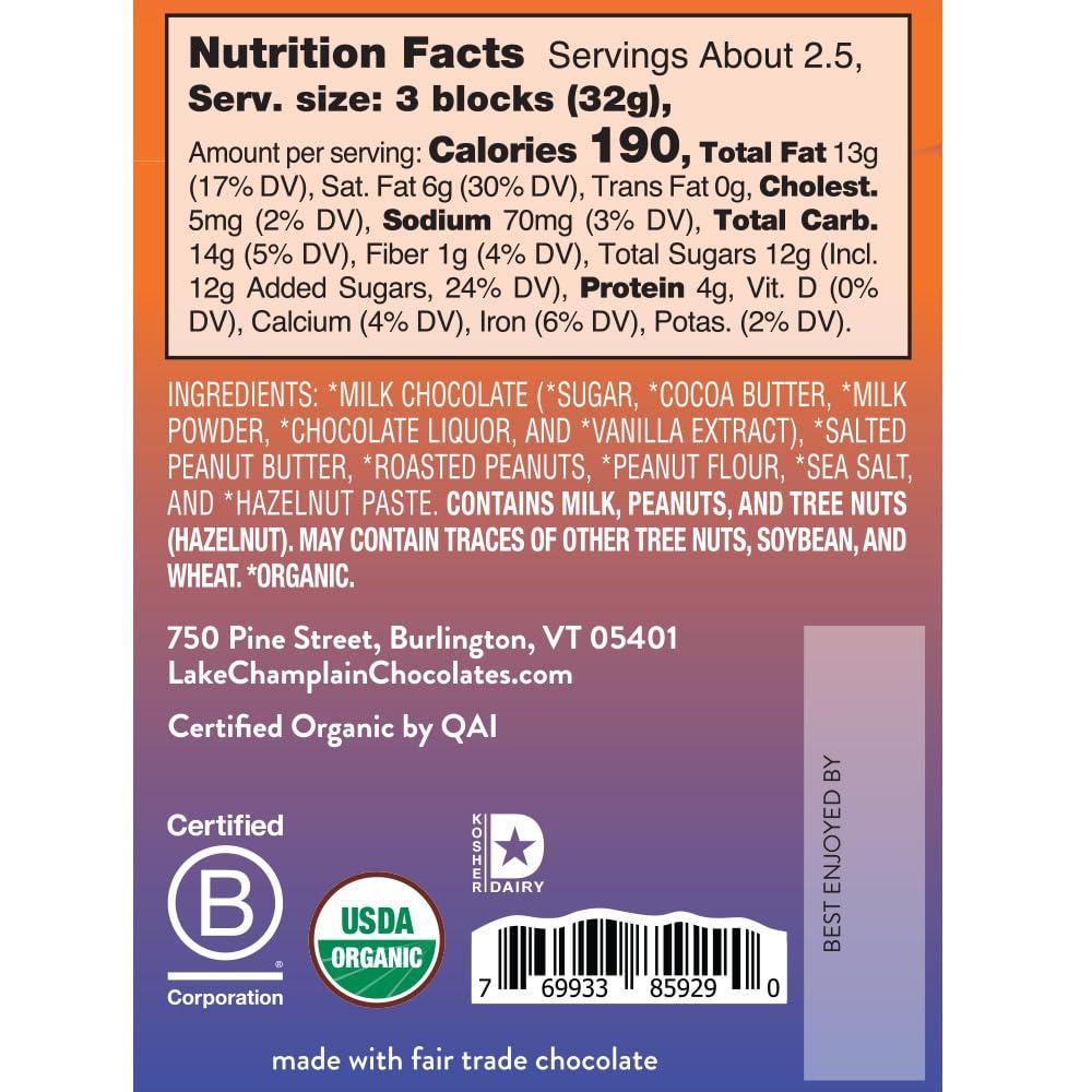 Lake Champlain Chocolates Lake Champlain Organic Crunchy Peanut Butter Milk Chocolate Candy Bar, 3 Ounces (12 Pack)