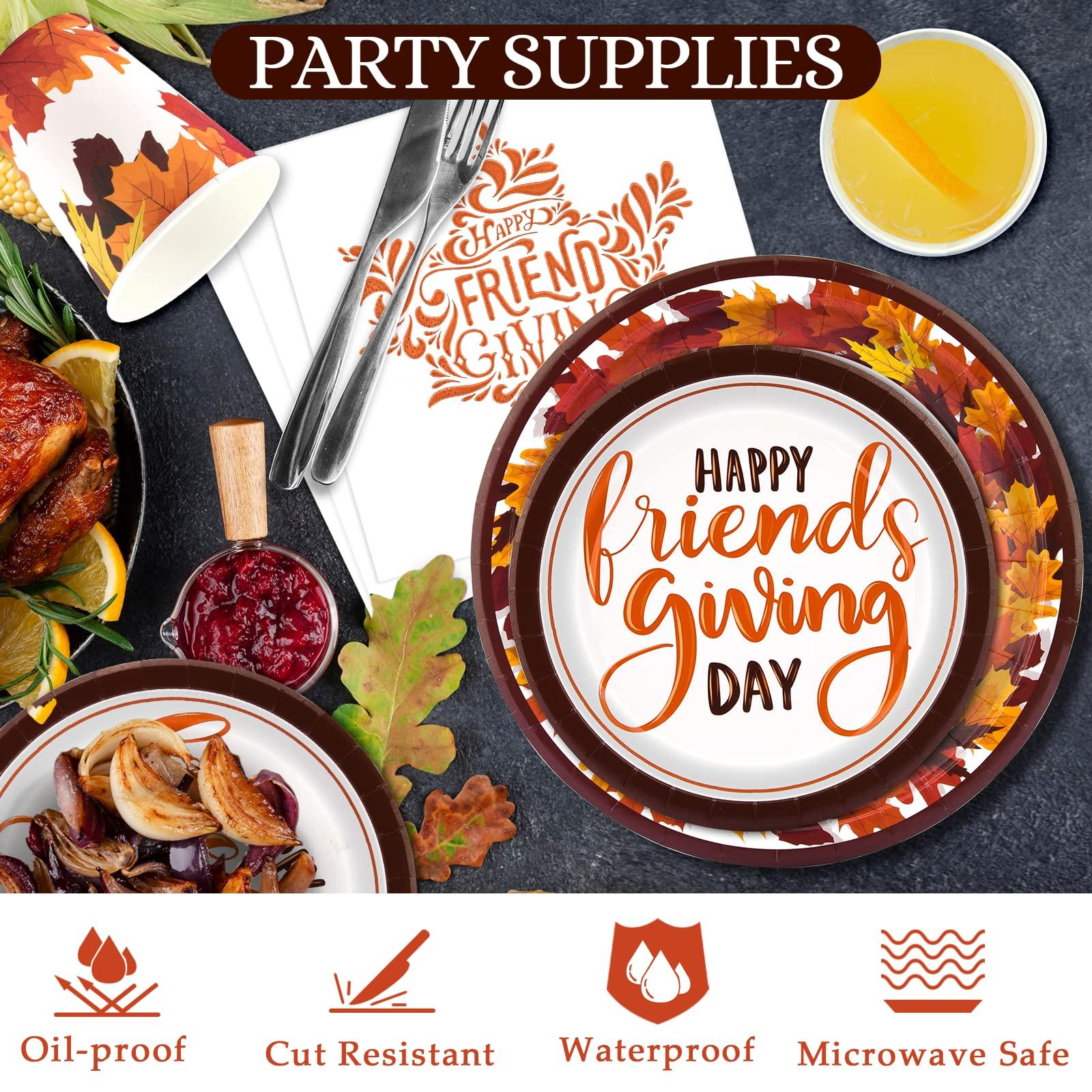 EPHYO 200 Friendsgiving Plates and Napkins Cups Serve 50, Happy Friendsgiving Decorations Party Supplies Thanksgiving Fall Leaves Autumn Disposable Paper Plates Luncheon Napkins Beverage Cups Dinnerware