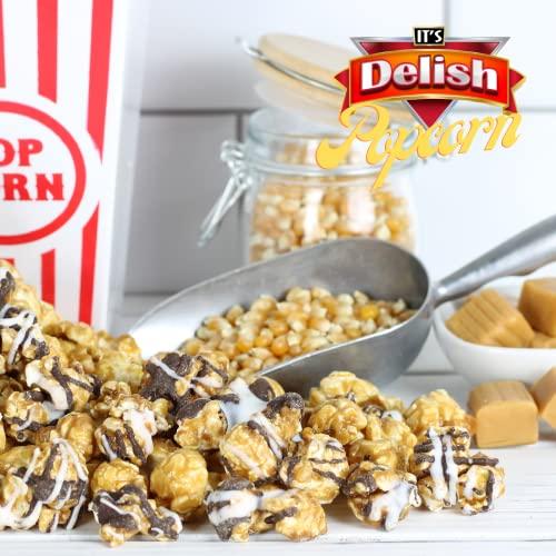 It's Delish Gourmet Chocolate Zigzag Popcorn by Its Delish, 2 lbs Bulk Bag – Festive Caramel Air Popped Sweet Crunchy White & Dark Drizzle Glazed Carmel Corn Snack, Parties - Gluten Free, Vegan, Kosher