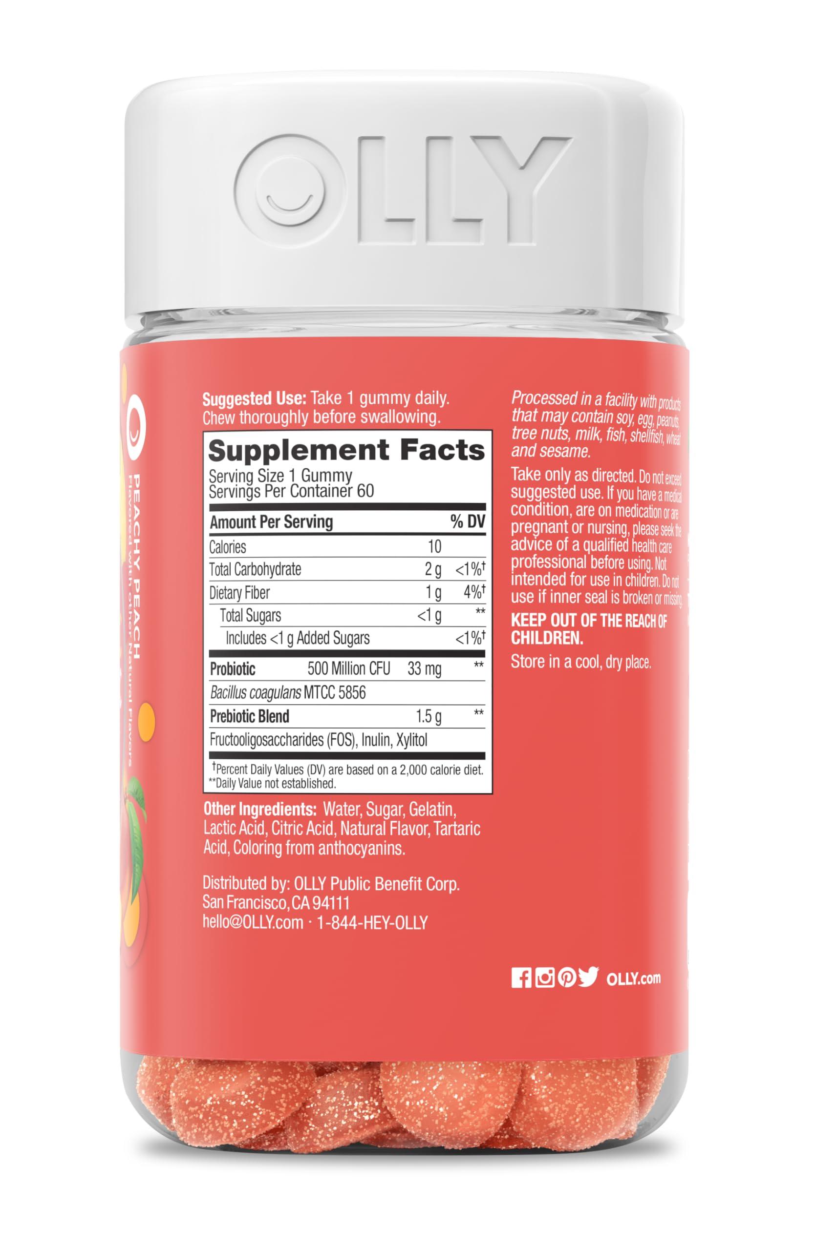 OLLY OLLY Probiotic + Prebiotic Gummy, Digestive Support and Gut Health, 500 Million CFUs, Fiber, Adult Chewable Supplement for Men and Women, Peach, 30 Day Supply - 60 Count