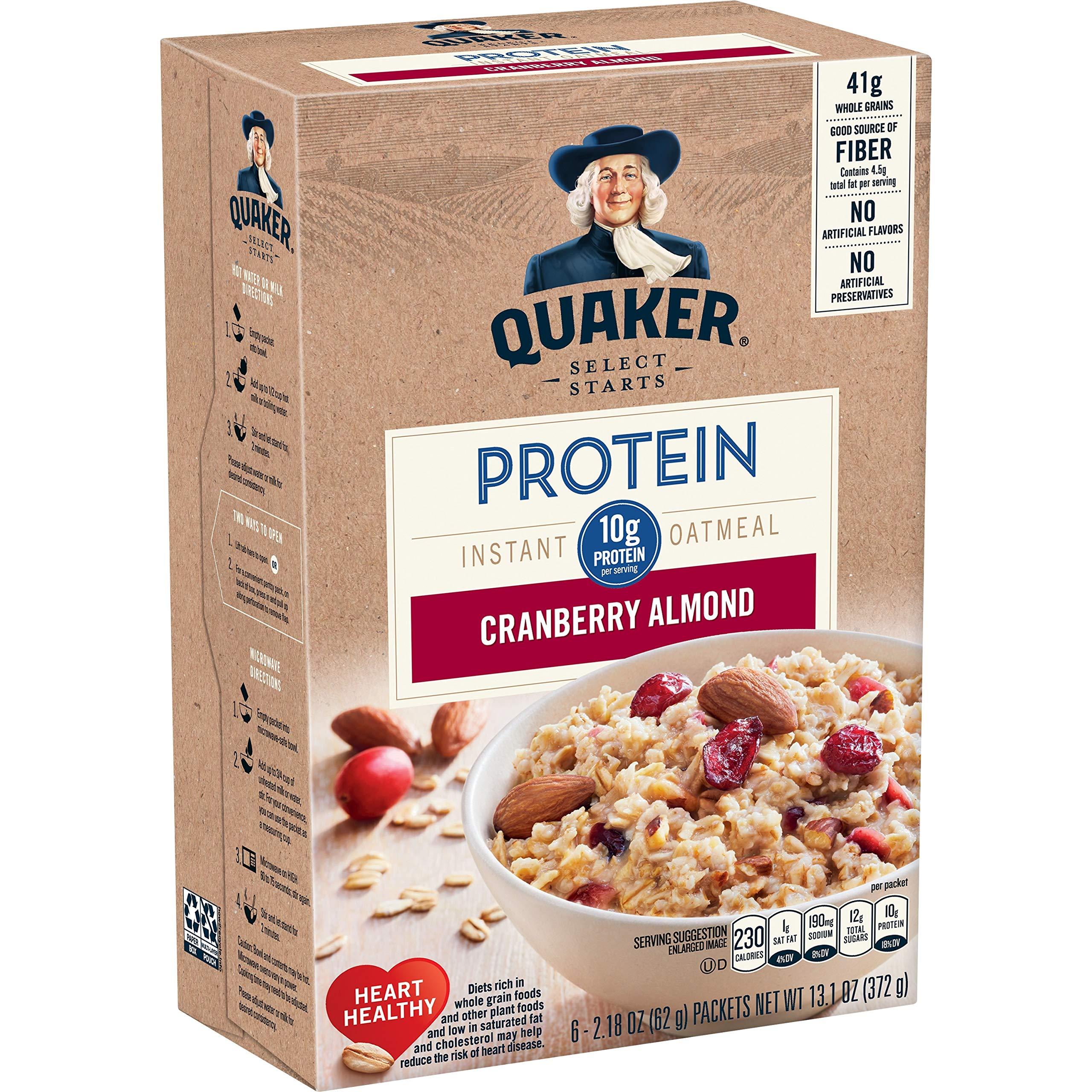 Quaker Quaker Instant Oatmeal, Select Starts, Protein, Cranberry Almond, Breakfast Cereal, 6 Packets Per Box (Pack of 6 Boxes)