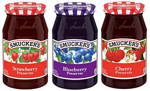 Narrow Path Sales Smuckers Preserves Variety Pack Sampler, Bundle of 3 Different Flavors. Flavors Include: Strawberry Preserves, Blueberry Preserves, and Cherry Preserves. A Tote Bag also Included. Food Gift Box