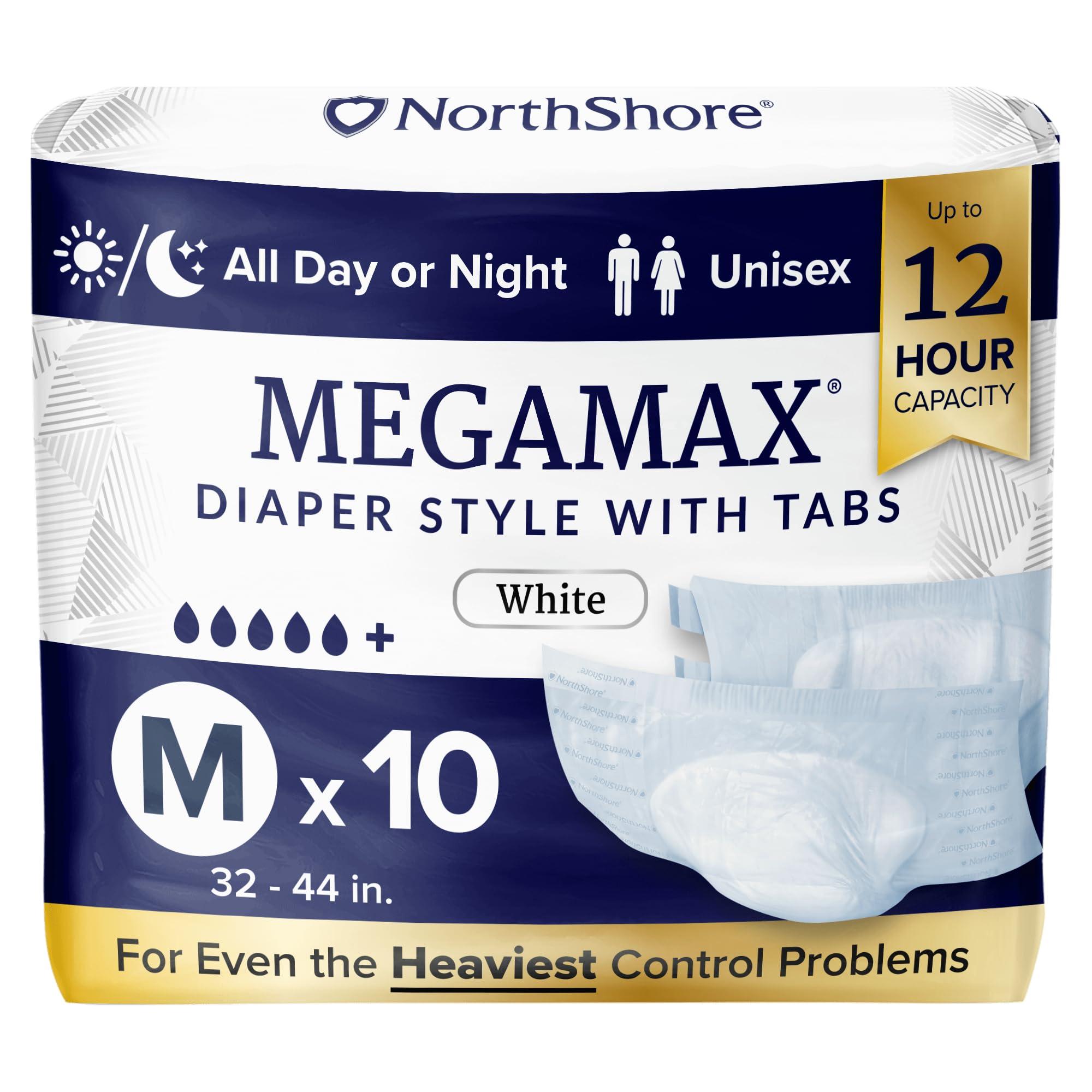NorthShore NorthShore MegaMax Adult Overnight Diapers, 12-Hour Tab-Style, Medium, 10 Count Bag, White, 32-44 inches, Unisex Incontinence Underwear